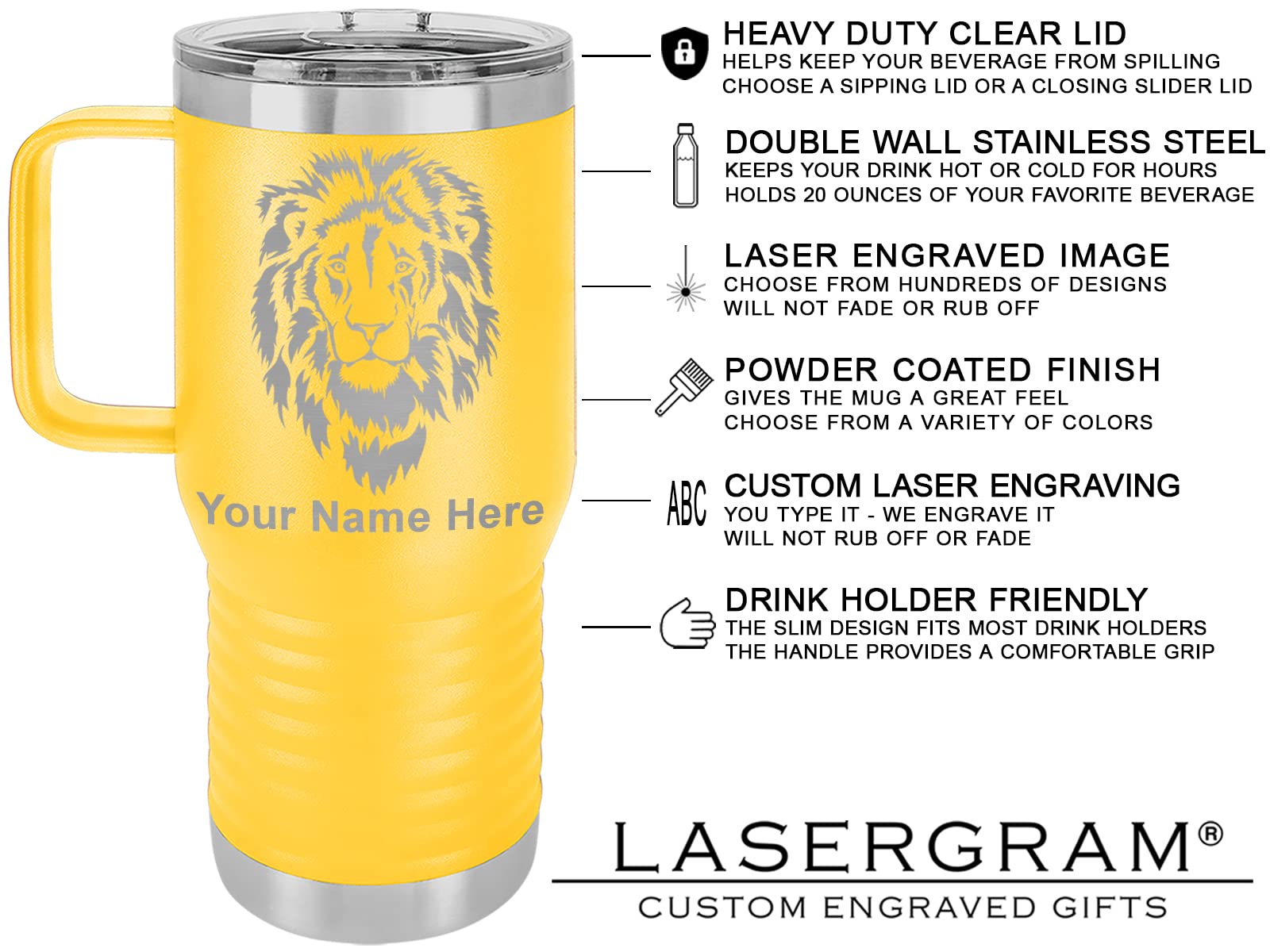 LaserGram 20oz Vacuum Insulated Stainless Steel Travel Mug with Handle - Personalized Engraving, Coat of Arms Dominican Republic Design (Yellow) - Perfect for Coffee, Tea & Hot/Cold Beverages On The Go, Office, Commute & Outdoor Adventures