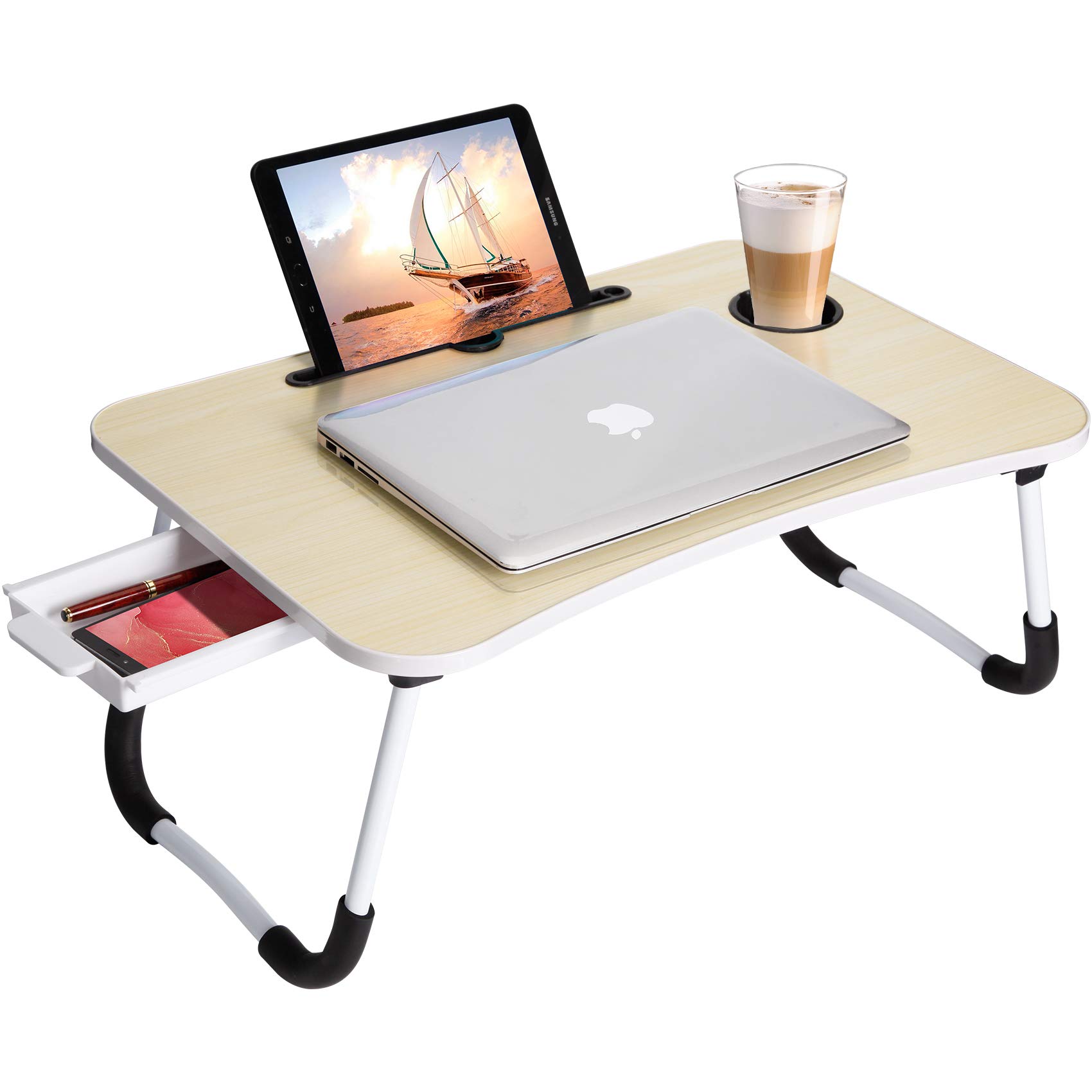 Foldable Lap Desk with Cup Holder & Phone Slot - Portable Laptop Tray for Bed, Couch or Floor - Large Work Surface with Storage Drawer for Working, Writing, Reading & Eating - Beige Lap Desk for Home Office & Dorm Use