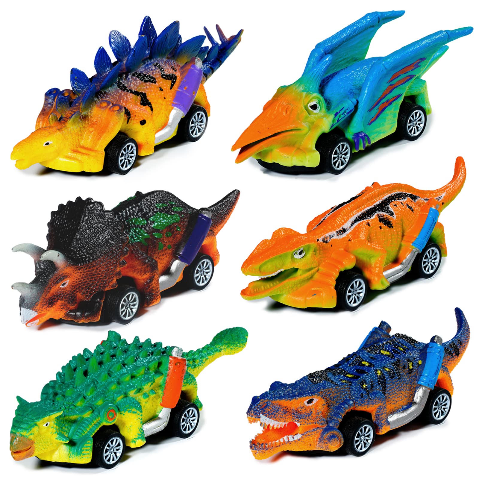 Dinosaur Pull Back Cars Toy Set - 6 Pack Friction Powered Dino Vehicles for Kids Ages 3-7 | STEM Learning Toys for Boys & Girls | Birthday Party Favors, Easter Gifts & Preschool Playtime Activities