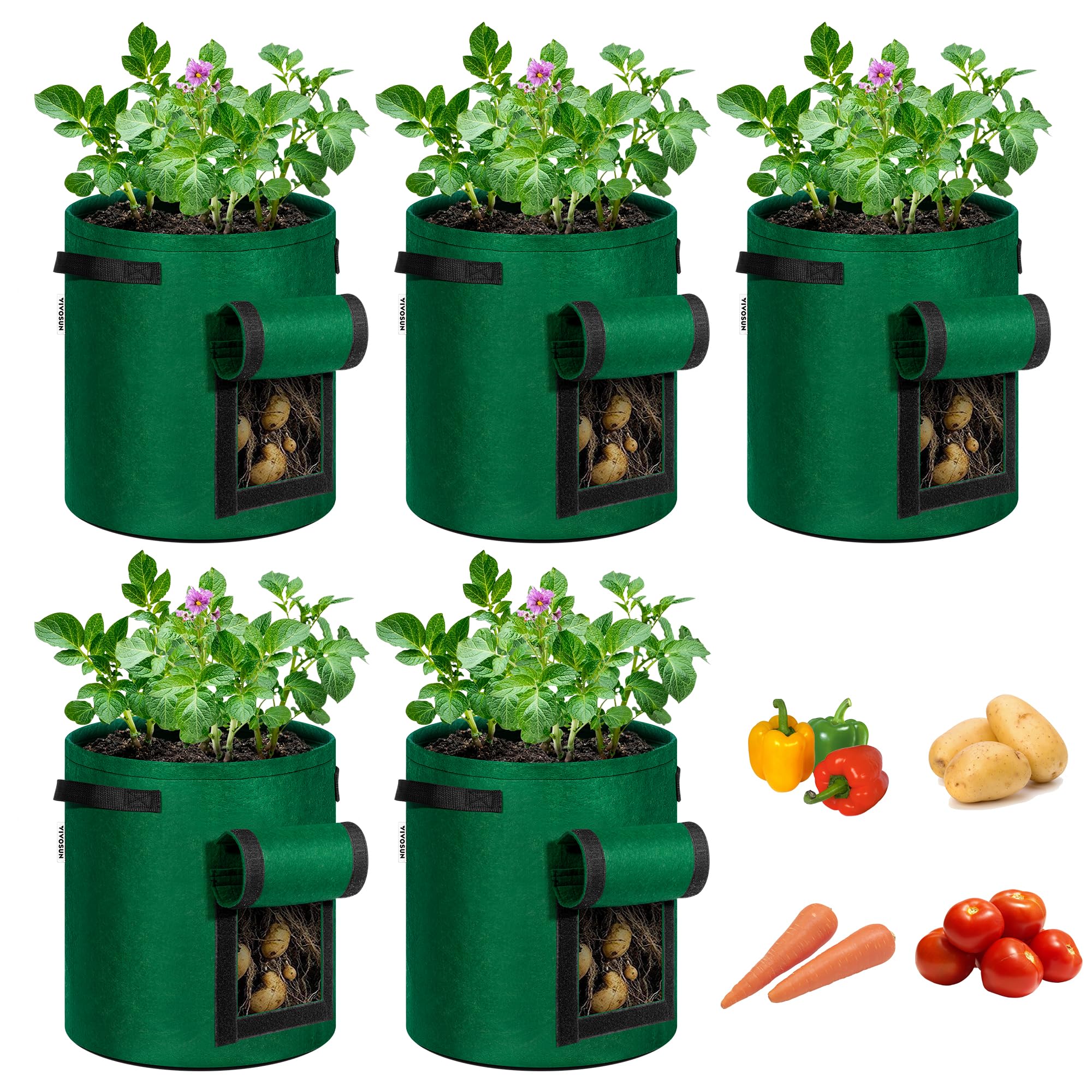 VIVOSUN 5-Pack 10 Gallon Potato Grow Bags with Handles & Roll-up Window - Breathable Fabric Plant Containers for Potatoes, Vegetables & Root Crops - Ideal for Home Gardening, Balcony & Indoor Planting (Green)