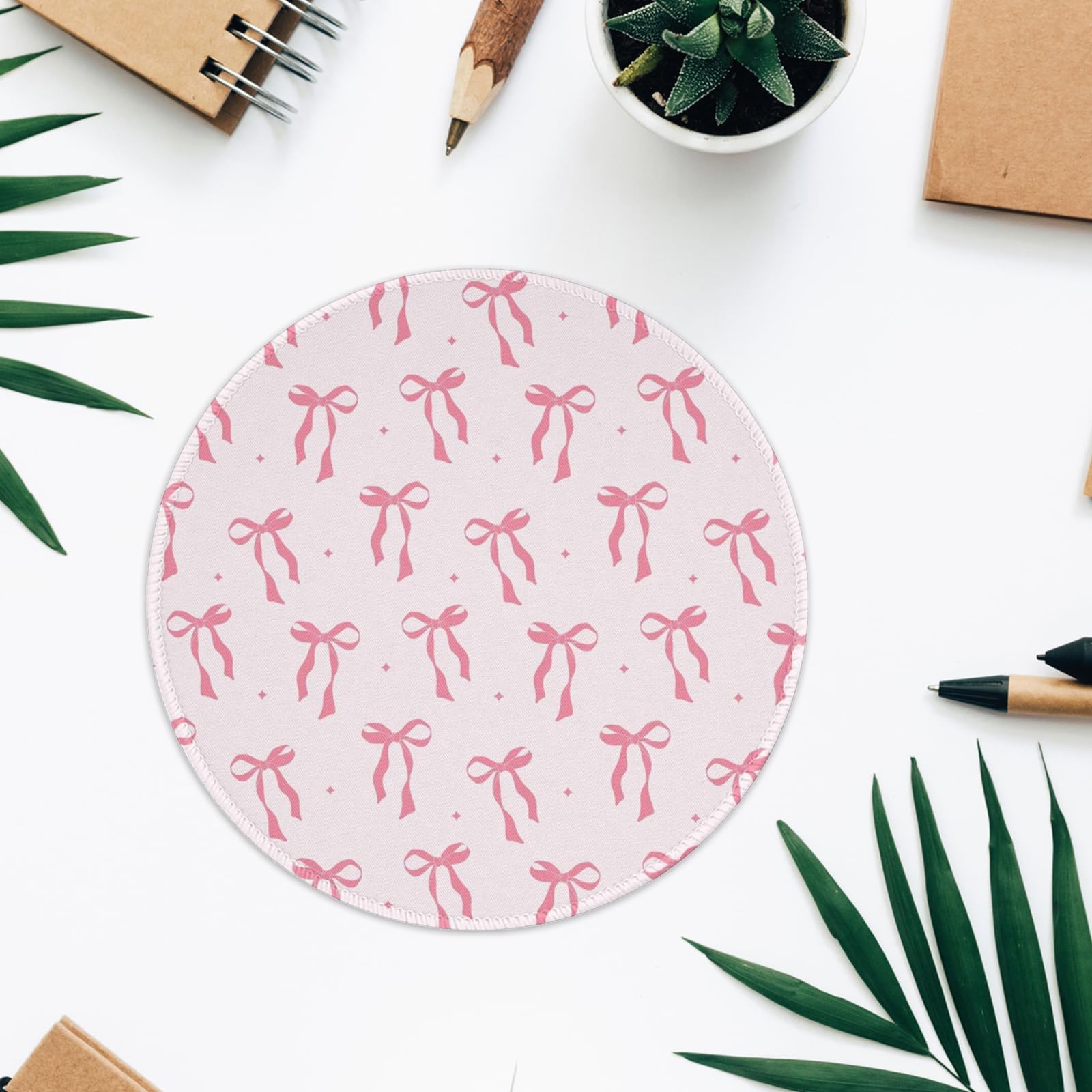 Kawaii Pink Bow Mouse Pad - 7.9×7.9 Inch Non-Slip Rubber Base Round Desk Mat for Laptop & Computer - Cute Office Decor & Travel Accessory | Perfect for Work, Gaming & Aesthetic Workspace Setup
