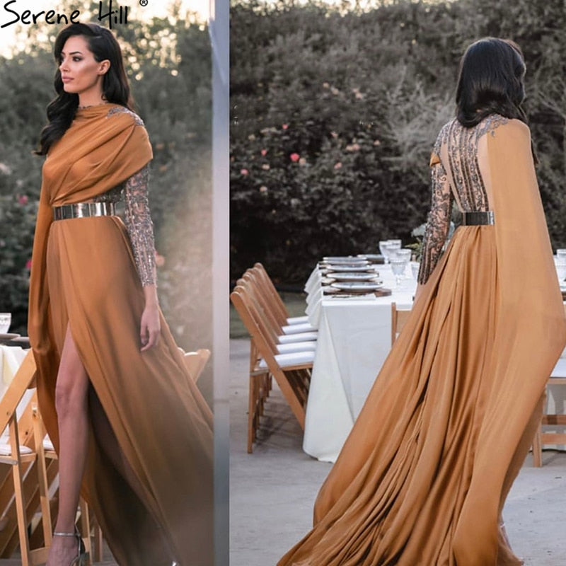 Serene Hill Designer Soft Satin High Slit Evening Dresses 2025 - One Shoulder Beaded A-Line Gown for Women | Perfect for Cocktail Parties, Prom & Formal Events (LA70751)