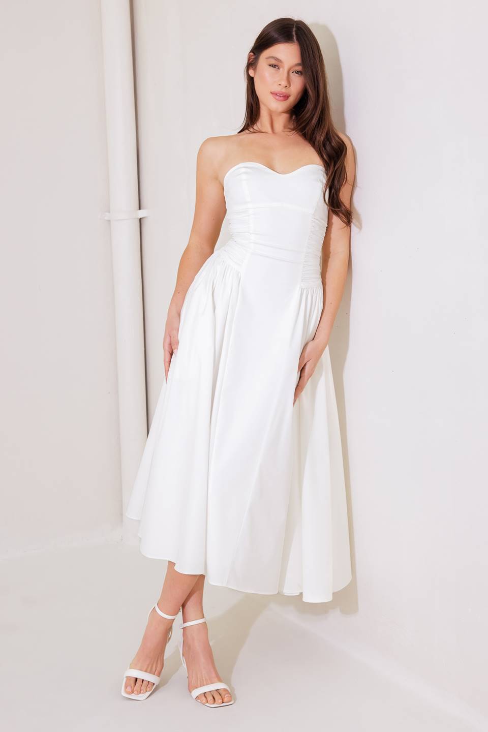 Gorgeous Reputation Strapless Midi Dress in White - Perfect for Weddings, Parties & Evening Events