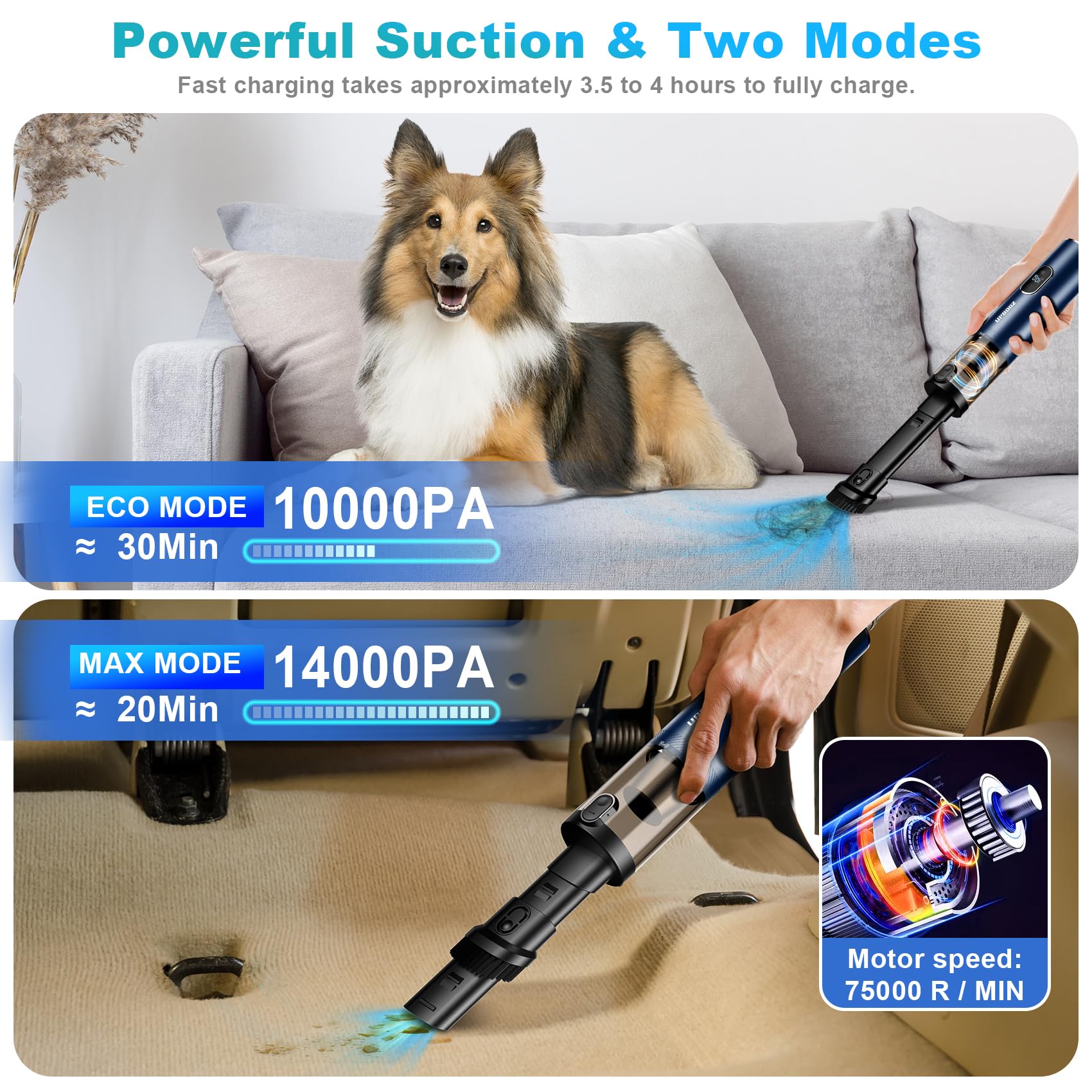 14000PA Powerful Cordless Handheld Car Vacuum Cleaner with LED Light & Air Duster - 2-in-1 Rechargeable Mini Vacuum for Pet Hair, Home, Office & Auto Detailing | Low Noise & 2-Speed Settings | Perfect for Cars, Sofas, Stairs & Hard-to-Reach Areas