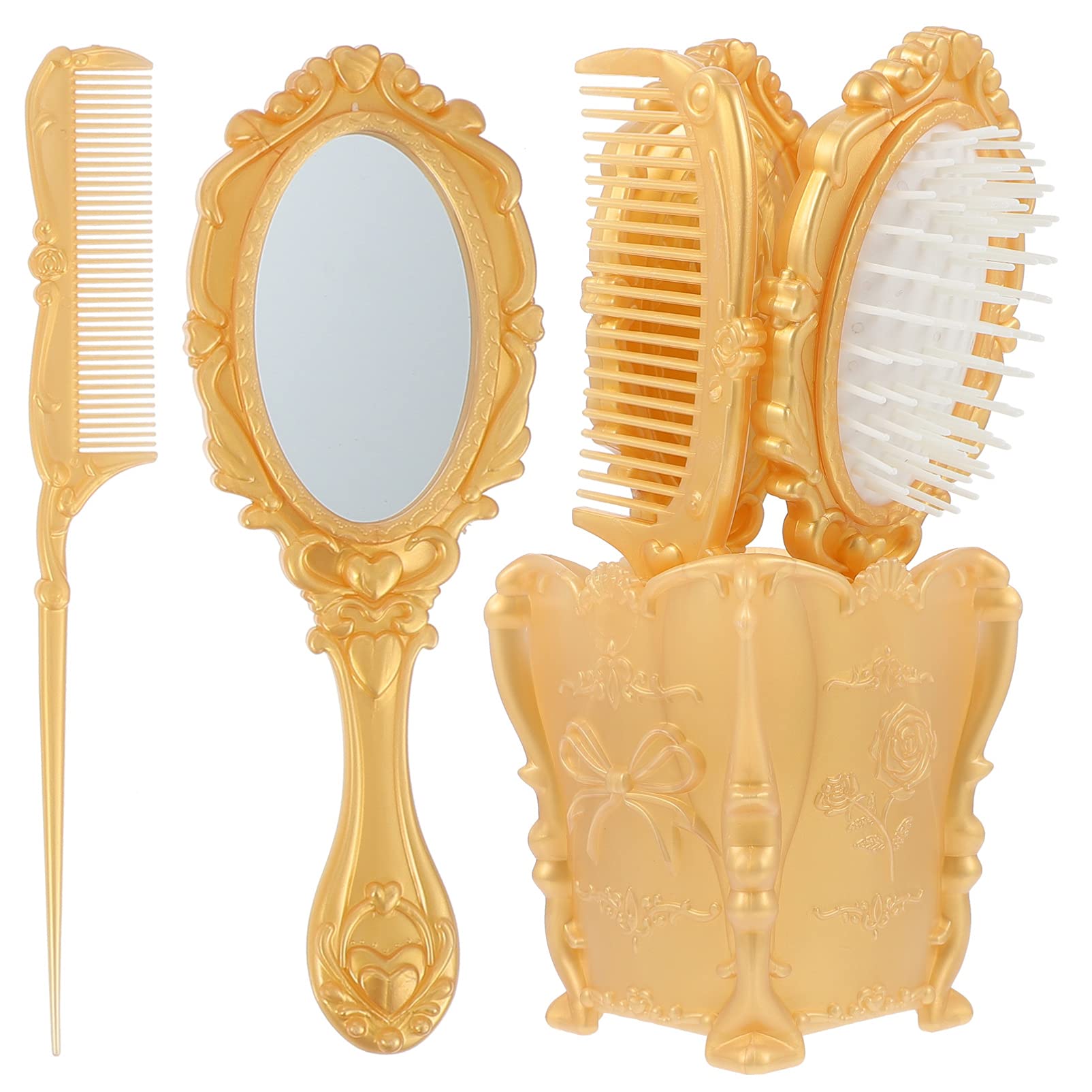 Vintage Hair Comb & Mirror Set for Women - 5pcs Travel Vanity Kit with Wide/Fine Tooth Comb, Detangling Brush & Golden Handheld Mirror | Perfect for Makeup, Hair Styling & Travel Accessories