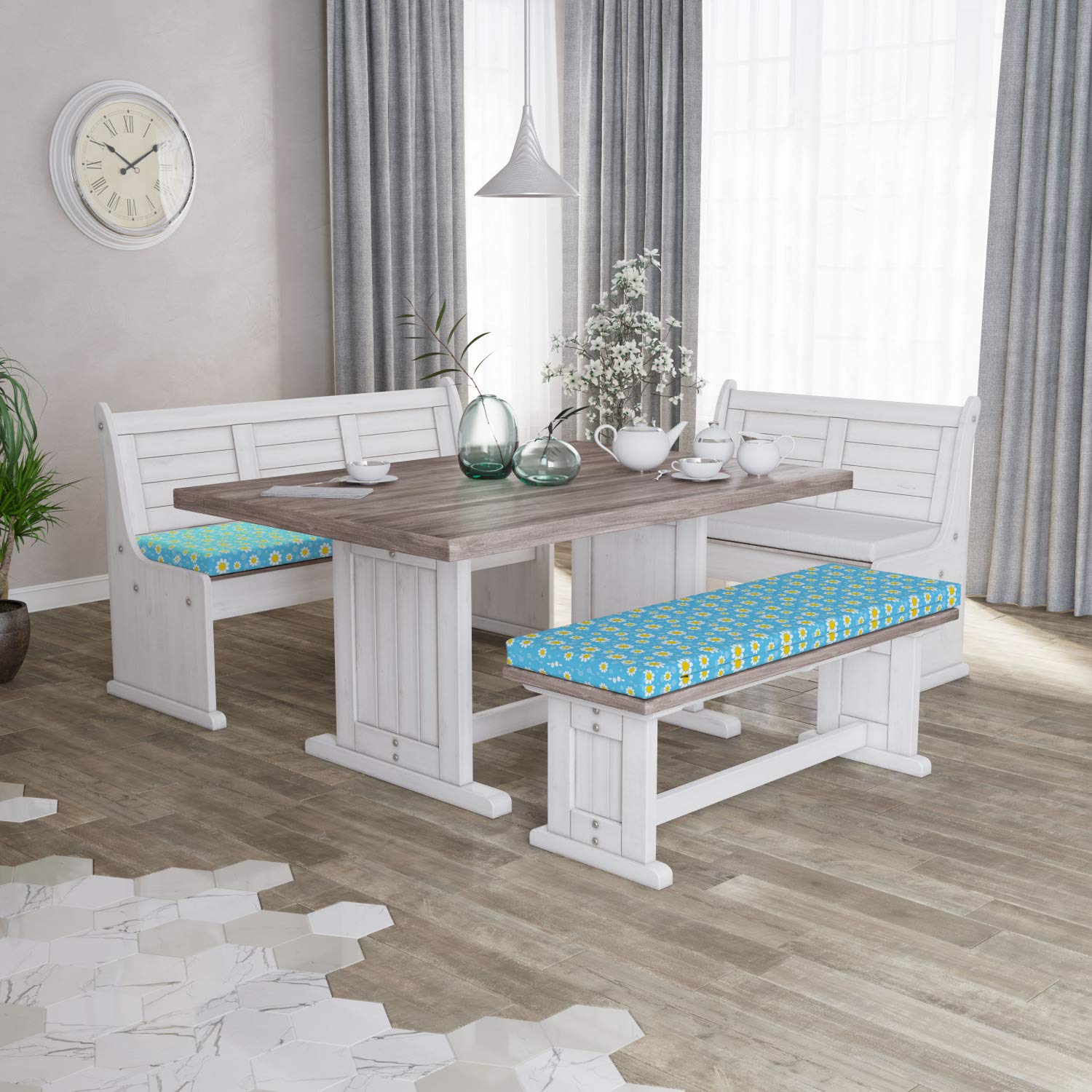 Ambesonne 2-Piece Yellow and Blue Bench Cushion Set - Cartoon Chamomile Flowers & Dots Design - 45
