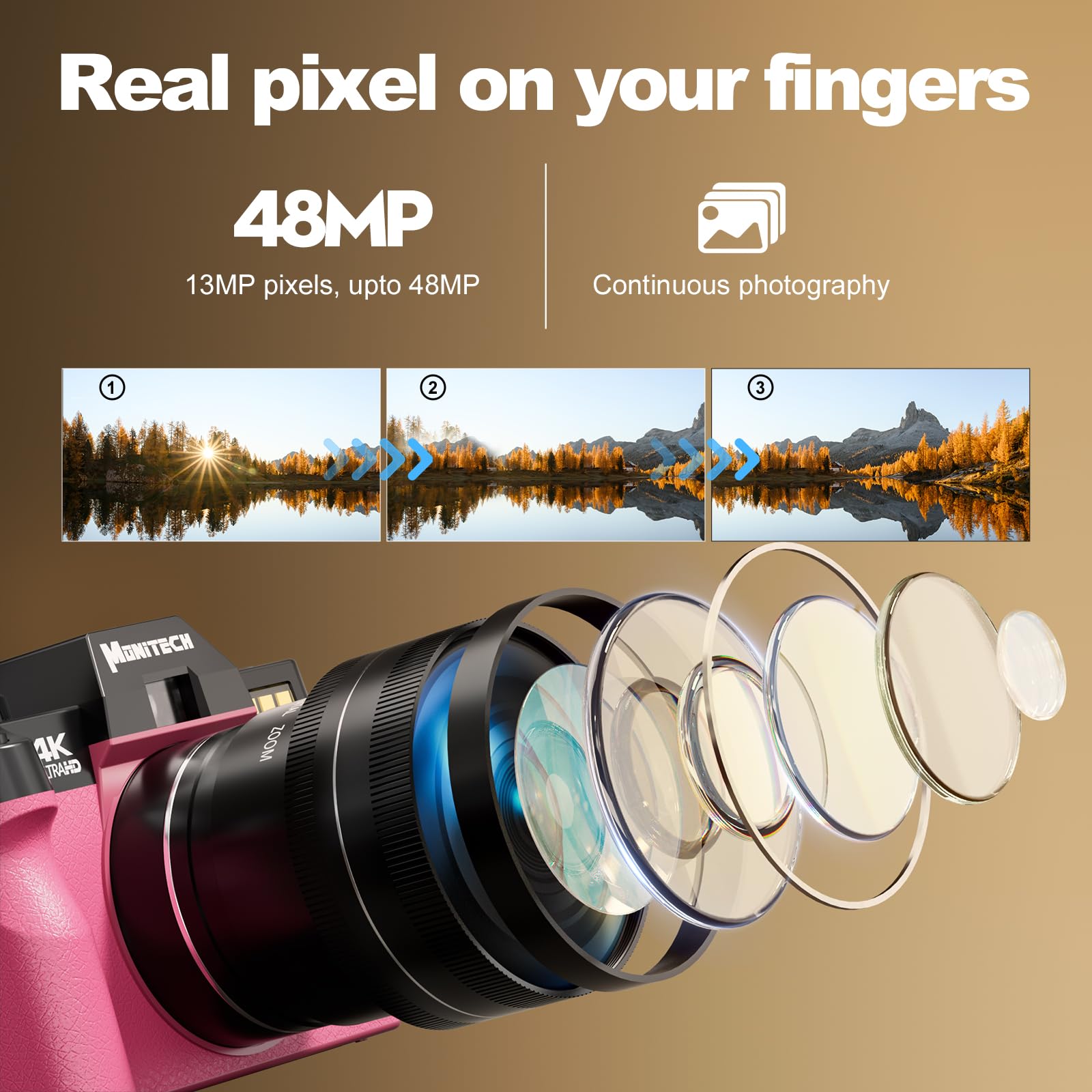 Monitech 48MP Digital Camera with 16x Zoom - 4K Video Camera for Photography & Vlogging - YouTube Camera with 32GB SD Card (S100 Model) - Perfect for Travel, Blogging and Content Creation