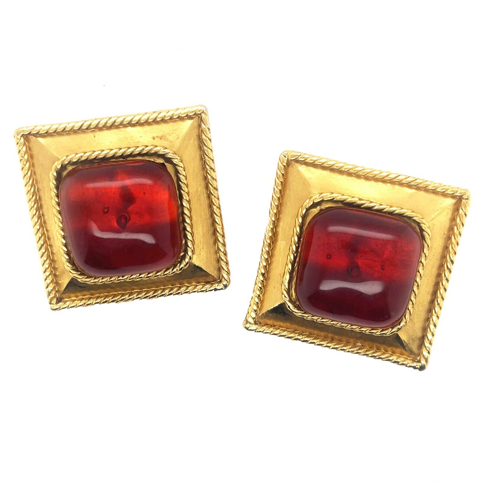 Vintage CHANEL Gripoix Square Clip-On Earrings in Orange, Red & Gold - Elegant 25 Stamped Statement Jewelry for Women, Perfect for Parties, Weddings & Special Occasions