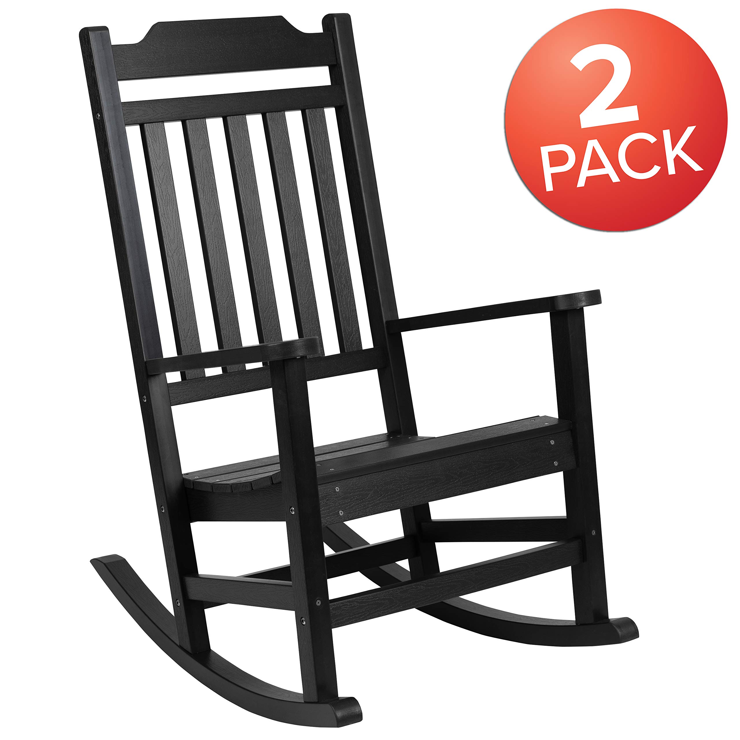 EMMA + OLIVER Set of 2 All-Weather Rocking Chairs - Black Poly Resin Faux Wood Outdoor Furniture for Patio, Garden, Deck & Backyard Relaxation