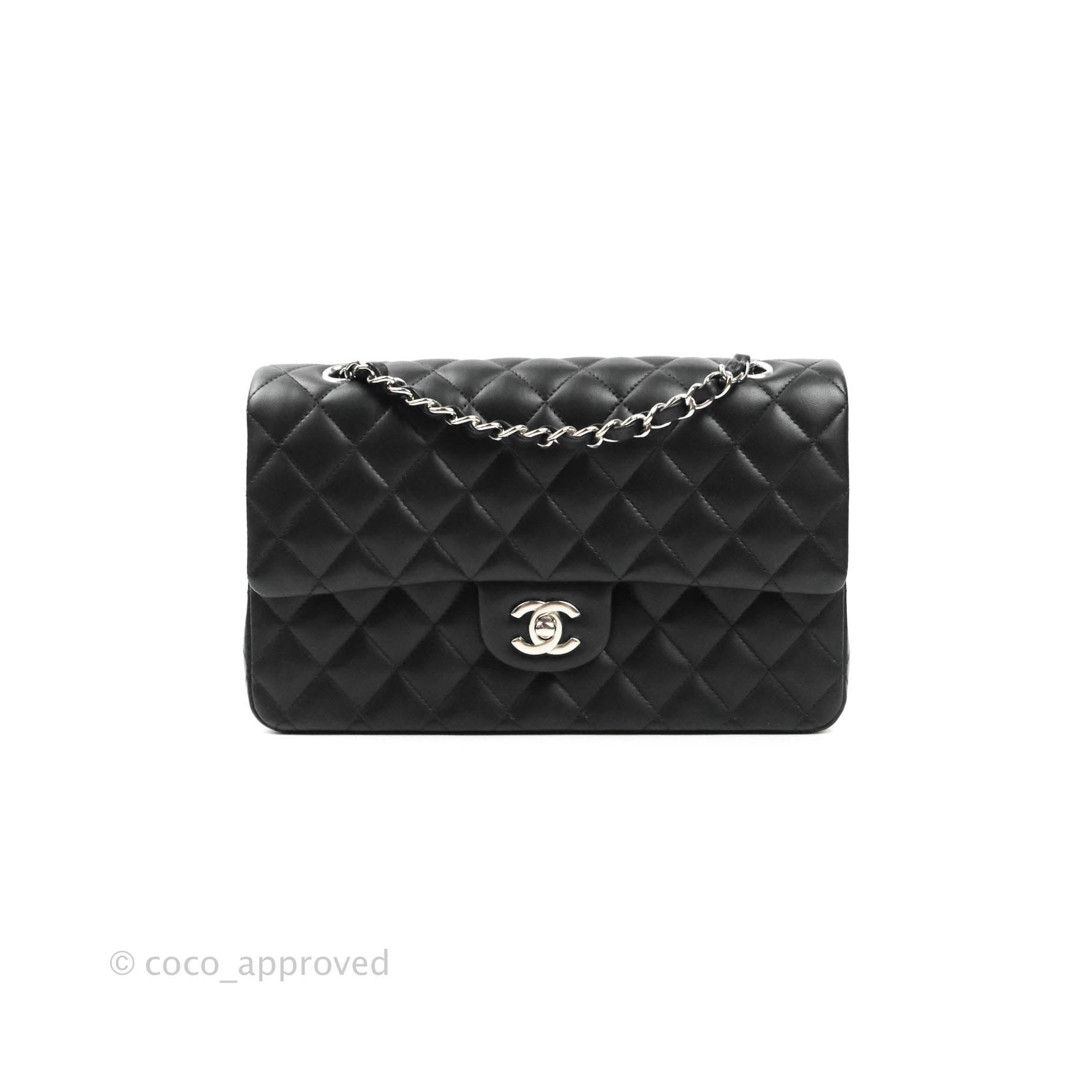 Chanel Classic Medium Double Flap Bag Black Lambskin Leather with Silver Hardware - Luxury Handbag for Women, Perfect for Evening Events & Special Occasions