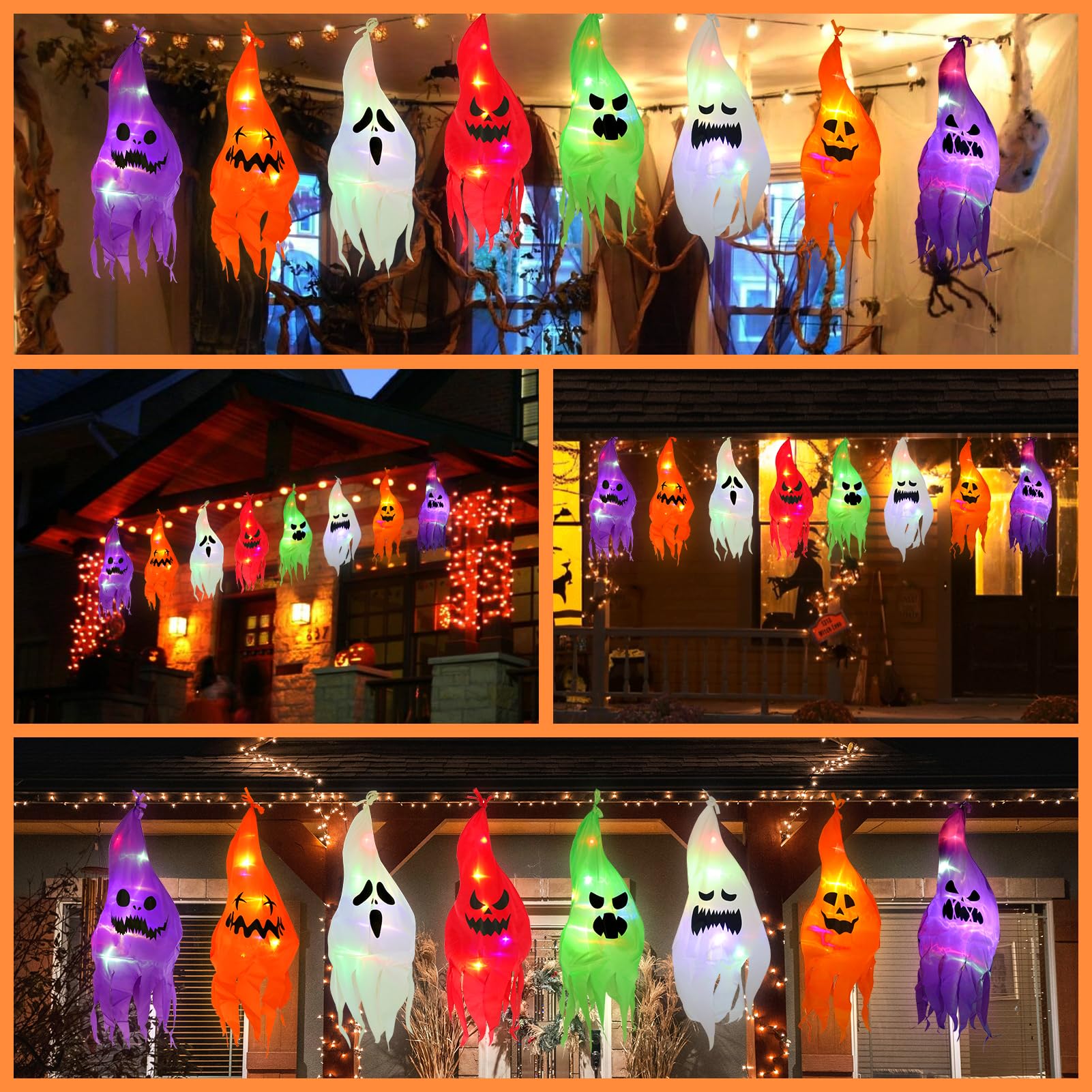 Halloween Hanging Ghost Lights - Outdoor Halloween Decorations with 8 Cute Lighted Ghosts for Front Yard, Patio, Lawn & Garden - Spooky Party & Home Decor