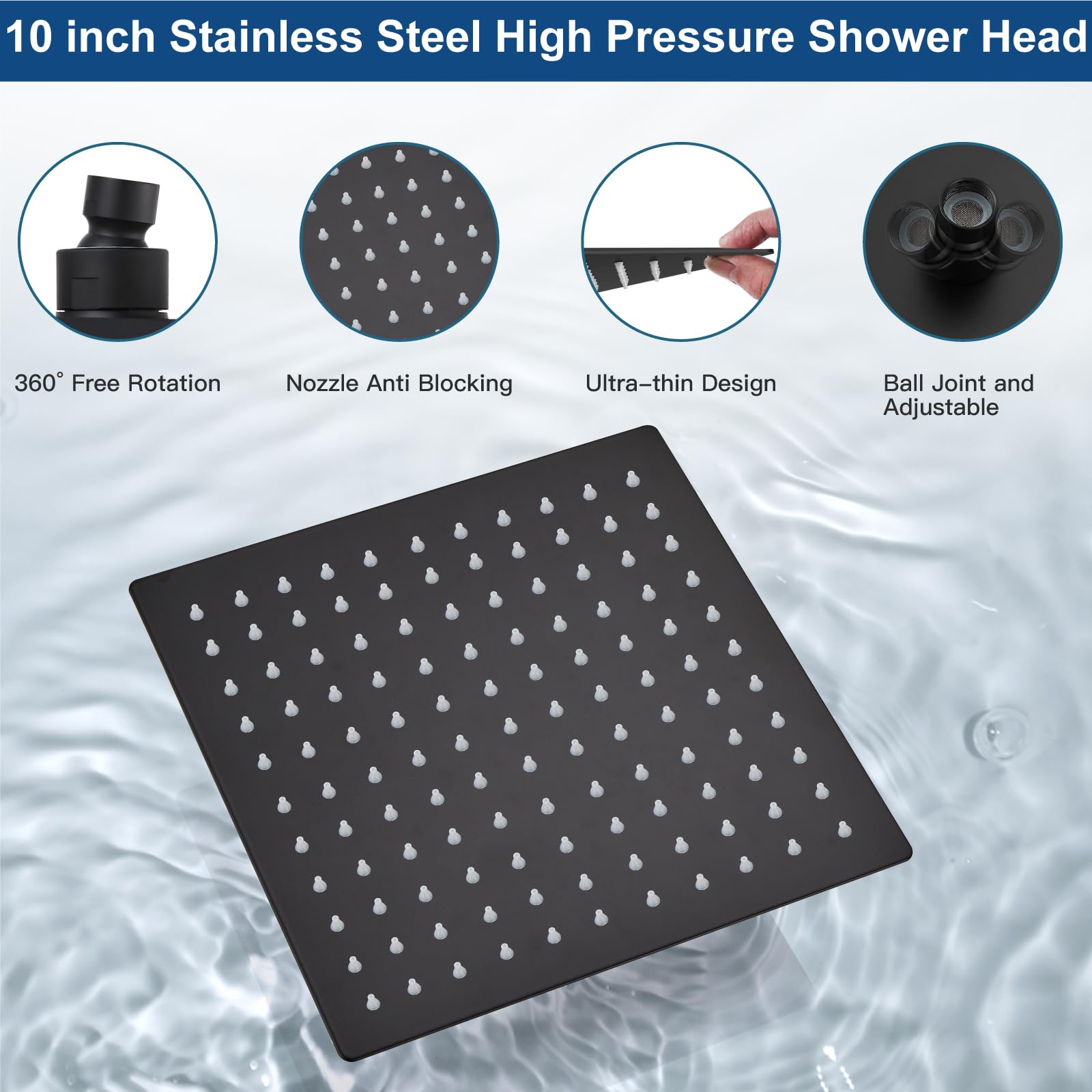 Midanya 10 Inch Square Rainfall Shower System - Matte Black Wall Mount Shower Head with Hand Sprayer, Rough-in Valve & Bathroom Mixer Trim Kit - Perfect for Modern Luxury Bathrooms and Spa-Like Shower Experience