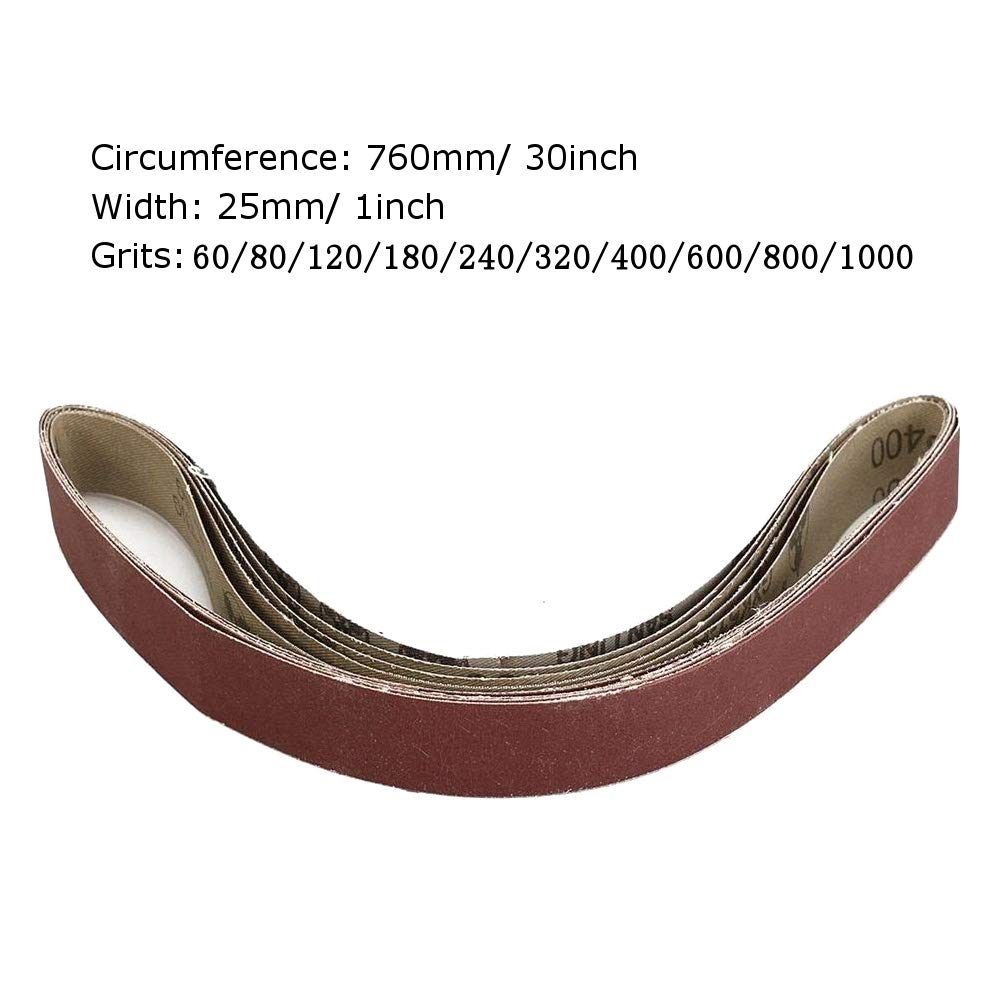 1 Inch x 30 Inch Sanding Belts - 10 Pack Aluminum Oxide Abrasive Belts (60/80/120/180/240/320/400/600/800/1000 Grits) for Woodworking, Metal Polishing & DIY Projects - Perfect for Belt Sanders, Surface Smoothing & Finishing Touches