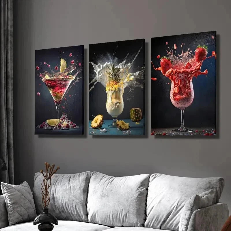 3-Piece Abstract Lemon Pineapple Strawberry Wall Art Set - Framed Canvas 50x70cm - High Quality Print - 100% Australian Made - Ready to Hang - Perfect for Kitchen, Dining Room & Home Decor