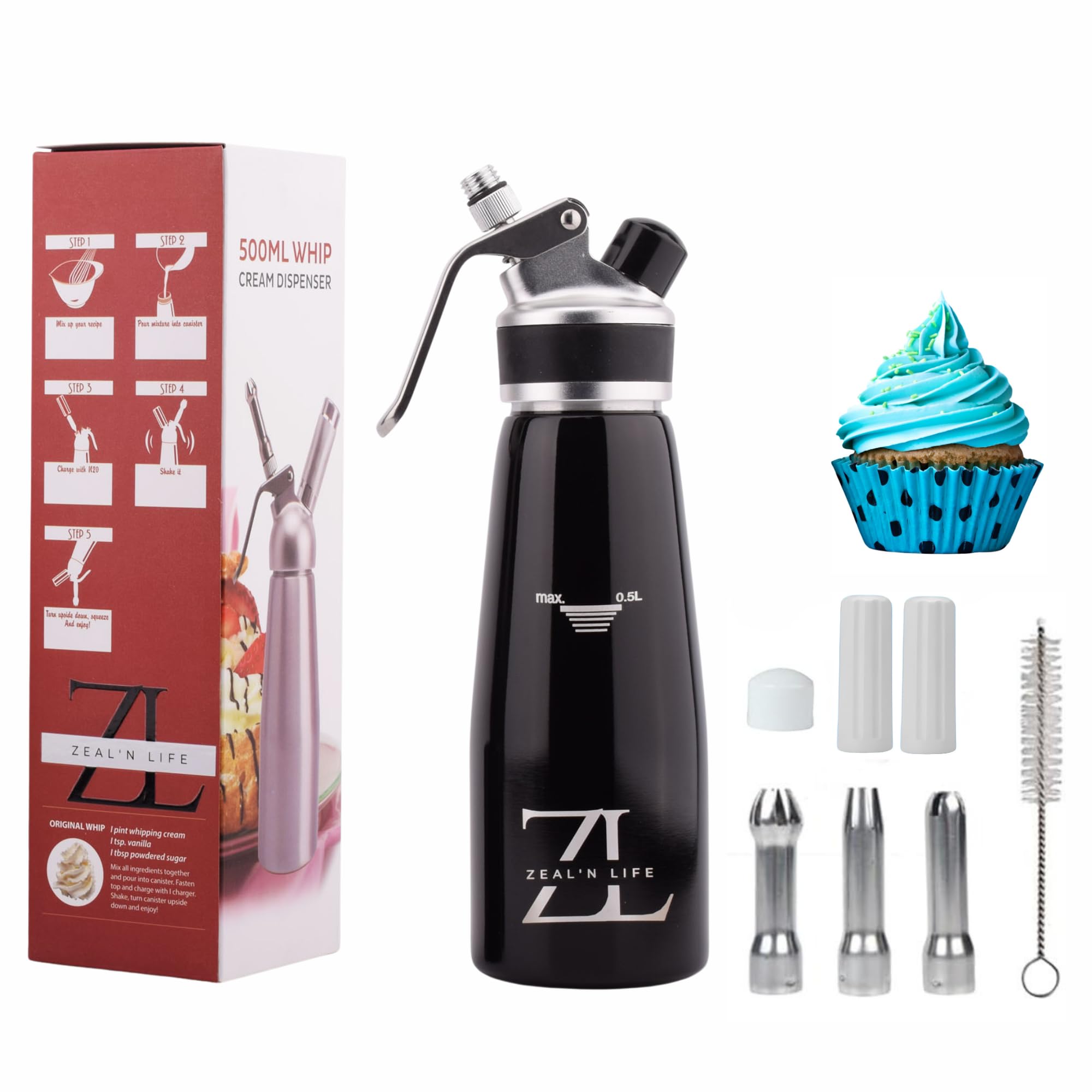 ZEAL'N LIFE Professional 500ml Whipped Cream Dispenser with Decorating Nozzles & Brush - Stainless Steel Cream Whipper for Desserts, Coffee, Cocktails & Cake Decorating (Black)