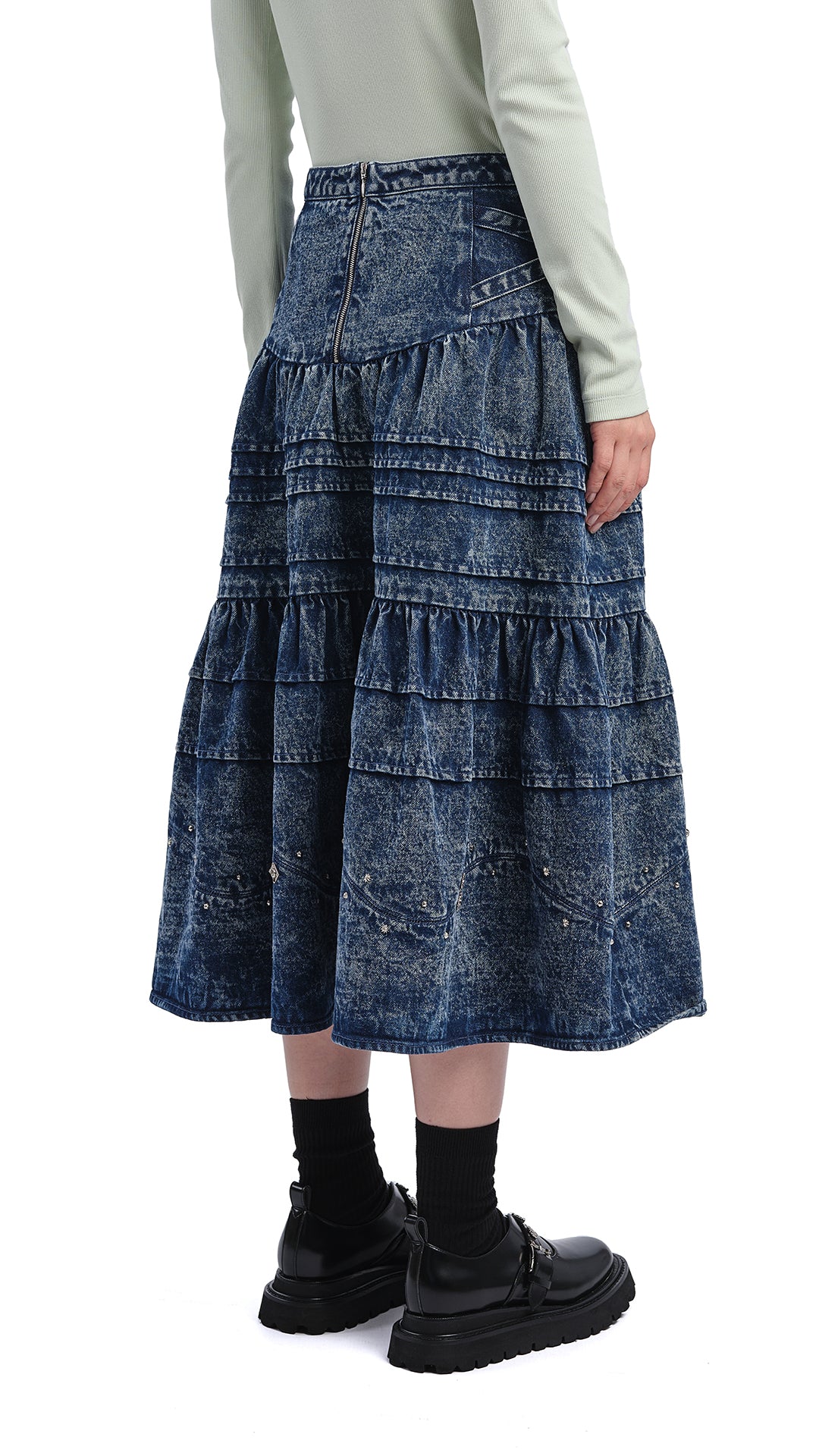 Vintage Stone Washed Studded Denim Skirt for Women - Distressed High Waist A-Line Mini Skirt with Metal Studs | Perfect for Casual Outfits, Rock Concerts & Streetwear Fashion