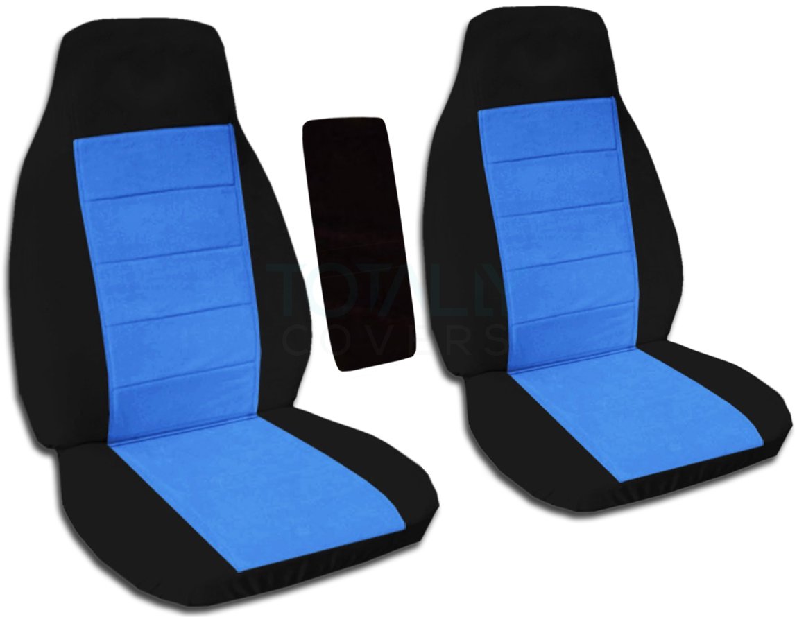1998-2003 Ford Ranger Truck Seat Covers - Two-Tone Black & Light Blue Bucket Seat Covers with Center Armrest (21 Color Options) - Fits Regular & Extended Cab with/without Lumbar/Recliner - Durable Protection for Work Trucks & Off-Road Adventures