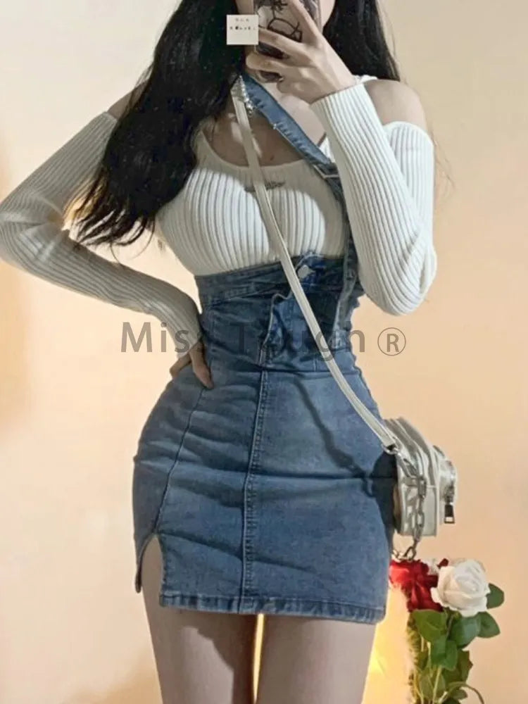 Vintage Blue Knitted Two-Piece Set for Women | Sexy Denim Mini Skirt & Top | Casual Fashion Outfit | Party Wear | 2024 Fall Trendy Outfit for Date Night & Girls' Night Out