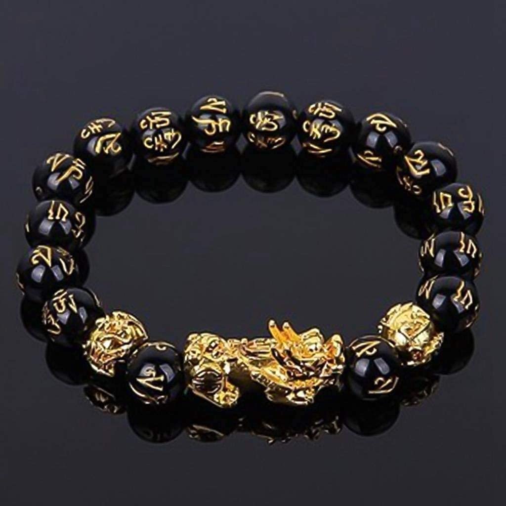 MJNYHGB Feng Shui Wealth Bracelet - Handmade Golden Pixiu Obsidian Bead Bracelet for Good Luck & Prosperity, Black Alloy Charm Amulet Gift | Perfect for Meditation, Spiritual Protection & Attracting Abundance