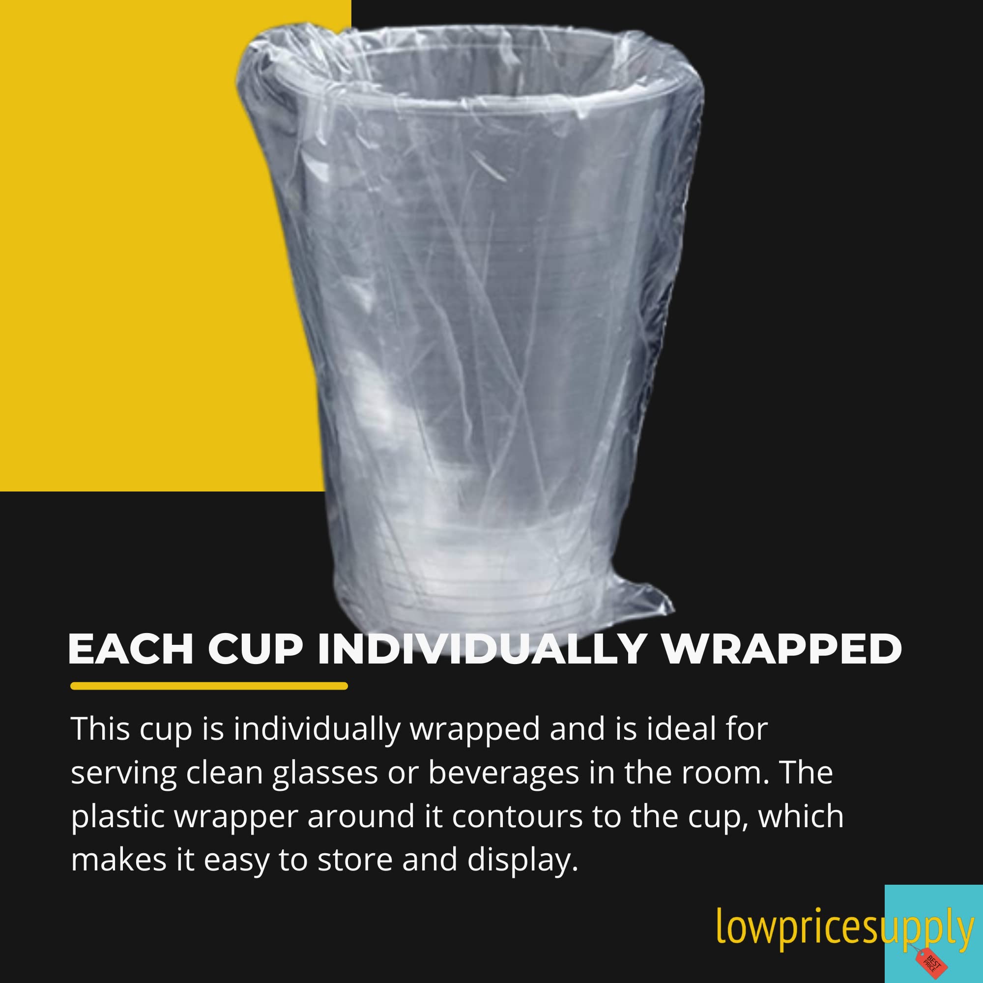 100 Pack - 9 oz Clear Plastic Individually Wrapped Cups for Hotels, Motels & Parties | Disposable Drinkware for Hospitality, Events & Home Use