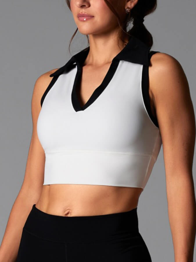 Tavi Contrast Polo Women's Tank Top - Coconut & Ebony Color Block Design - Casual Summer Wear for Beach, Gym & Outdoor Activities