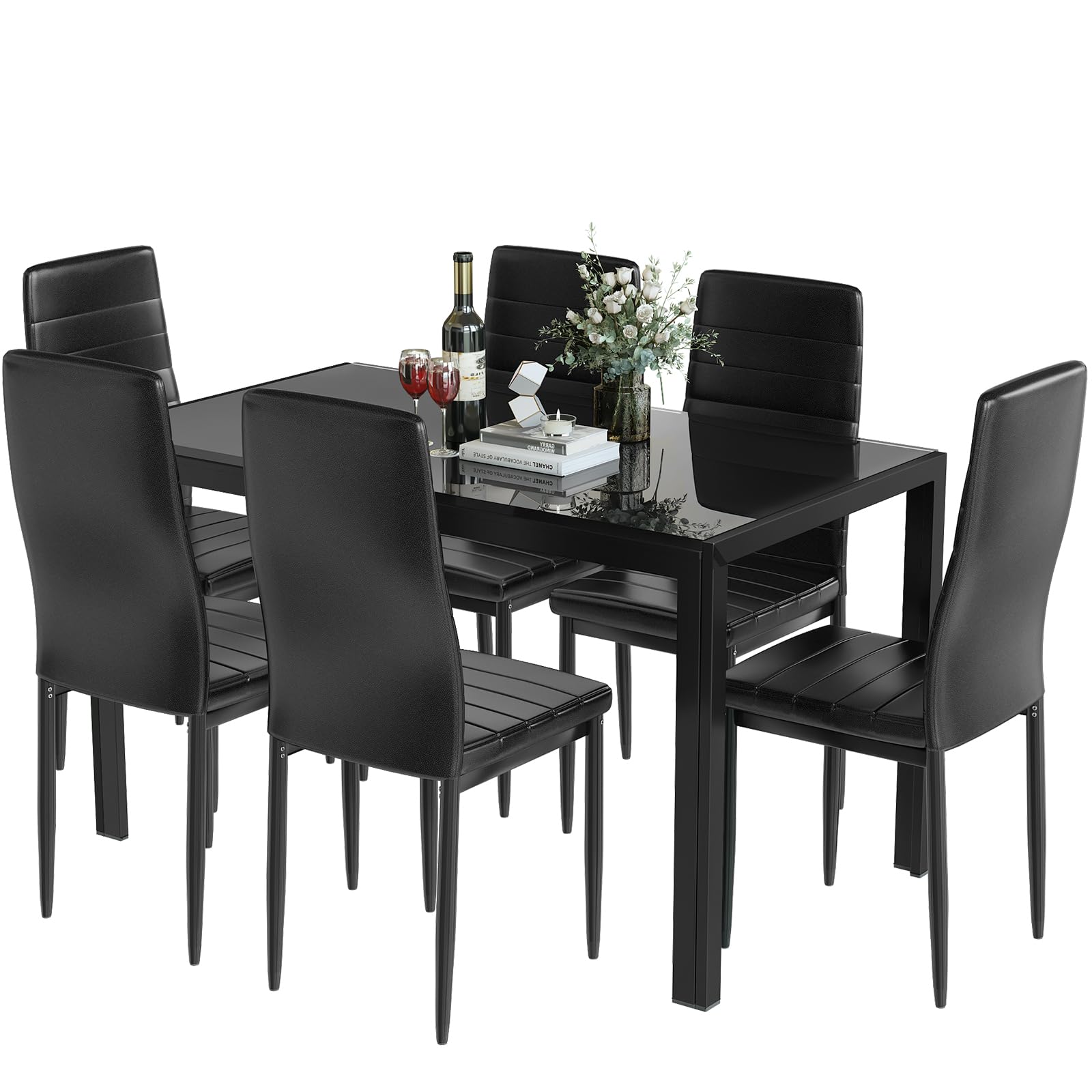 DKLGG 7-Piece Modern Glass Dining Table Set for 6 with PU Leather Chairs - Space Saving Kitchen Table for Small Spaces, Dinette, Apartment - Black | Perfect for Family Dinners, Entertaining Guests & Compact Living Areas