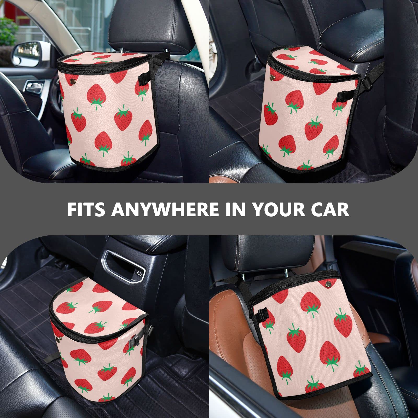 Strawberry Fruit Car Trash Can with Zipper Lid - Waterproof Leak-Proof Hanging Car Organizer - Multipurpose Garbage Bag for Car Storage & Trash Containment - Perfect for Road Trips, Commuting & Keeping Your Vehicle Clean