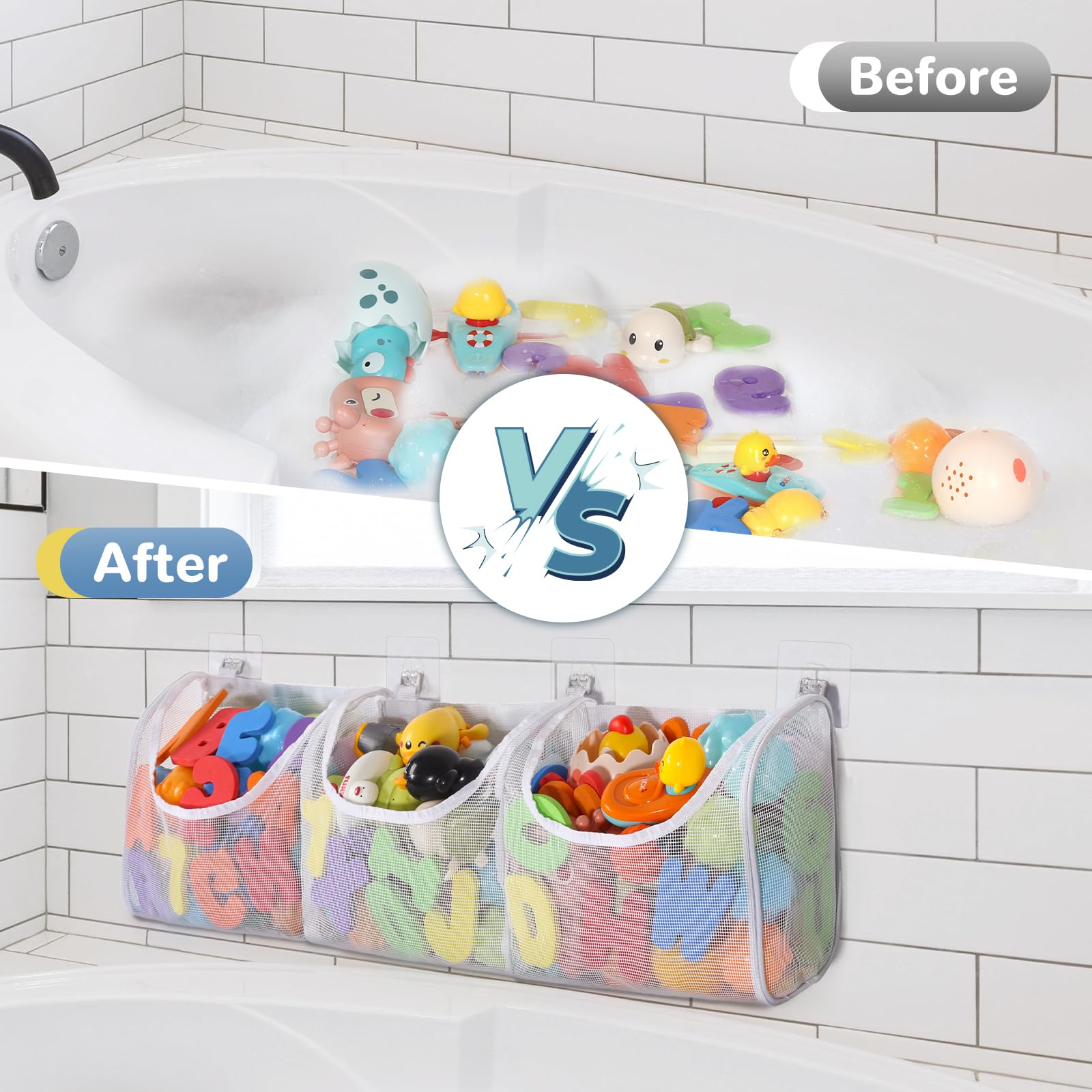 Large Capacity 3-Compartment Bath Toy Organizer - Mesh Shower Caddy for Kids & Baby Bath Toys | Perfect for Bathtub Storage, Bathroom Organization & Playtime Cleanup