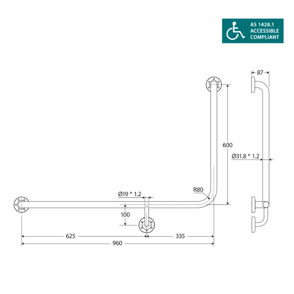 Fienza GRAB9660L 90° 960x600mm Stainless Steel Left Hand Grab Rail for Bathroom Safety - ADA Compliant Shower Handrail for Elderly & Disabled Accessibility