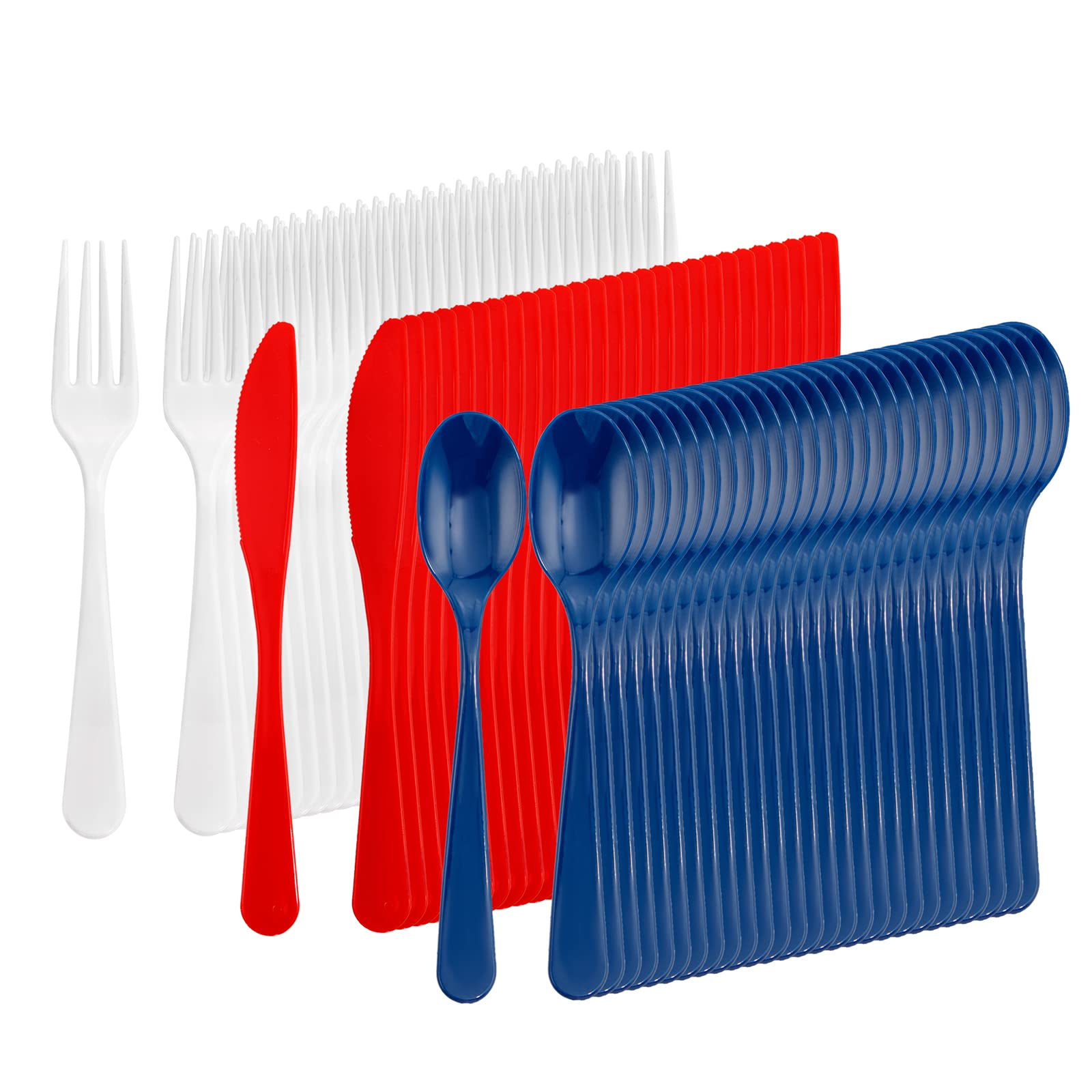 Premium 180-Piece Red White Blue Plastic Cutlery Set - Heavyweight Patriotic Flatware for 4th of July, Independence Day & American Theme Parties (60 Forks, 60 Spoons, 60 Knives) - Ideal for BBQs, Picnics & Outdoor Celebrations