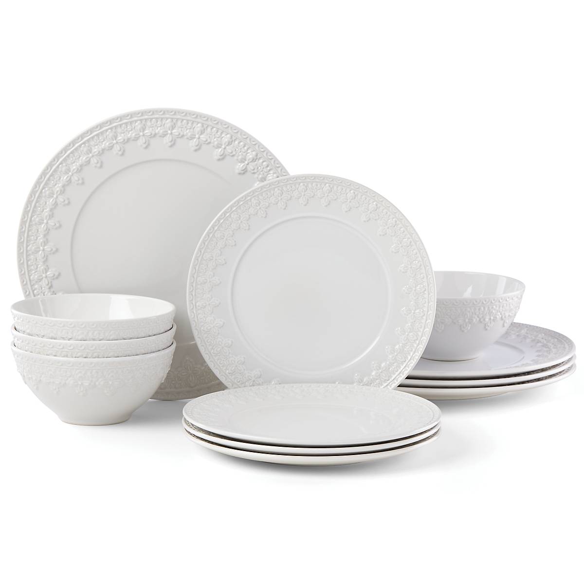 Chelsea Muse Fleur White 12-Piece Porcelain Dinnerware Set - Elegant Tableware for Everyday Dining & Entertaining