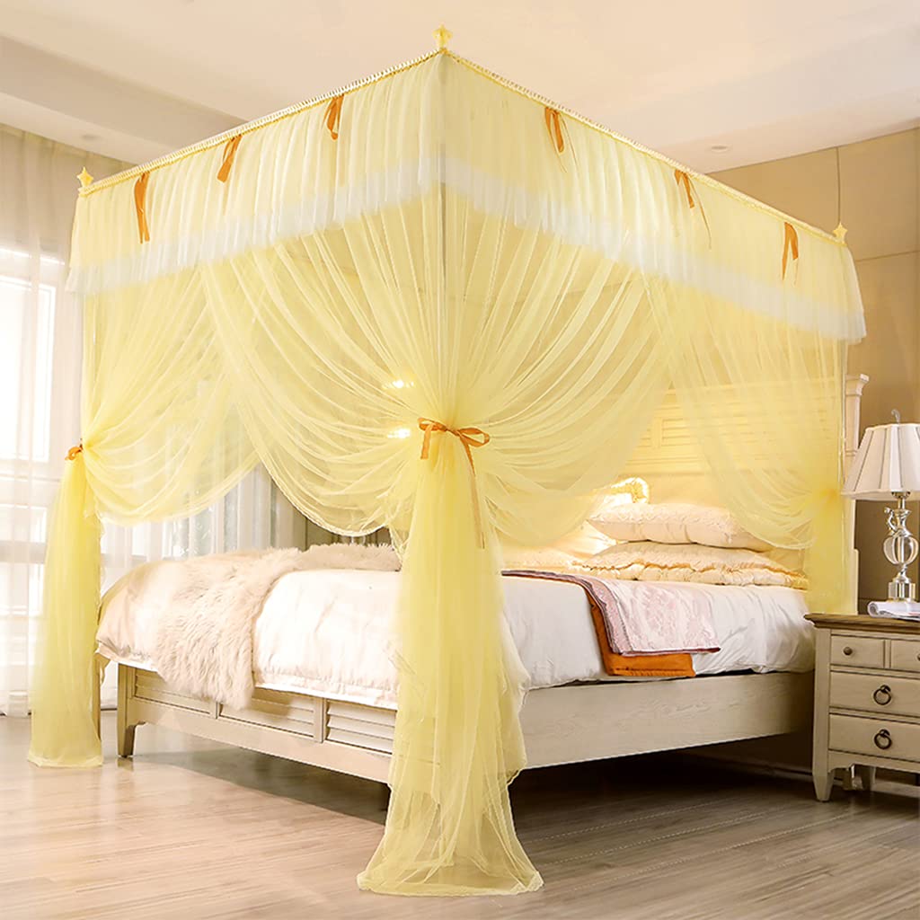 SCMTY Queen Size 4 Corner Post Mosquito Net Bed Canopy - Yellow Bedroom Decor for Girls, Women & Teens | Perfect for Twin, Full, Queen & King Beds | Ideal for Nursery, Dorm Room or Bedroom Decoration
