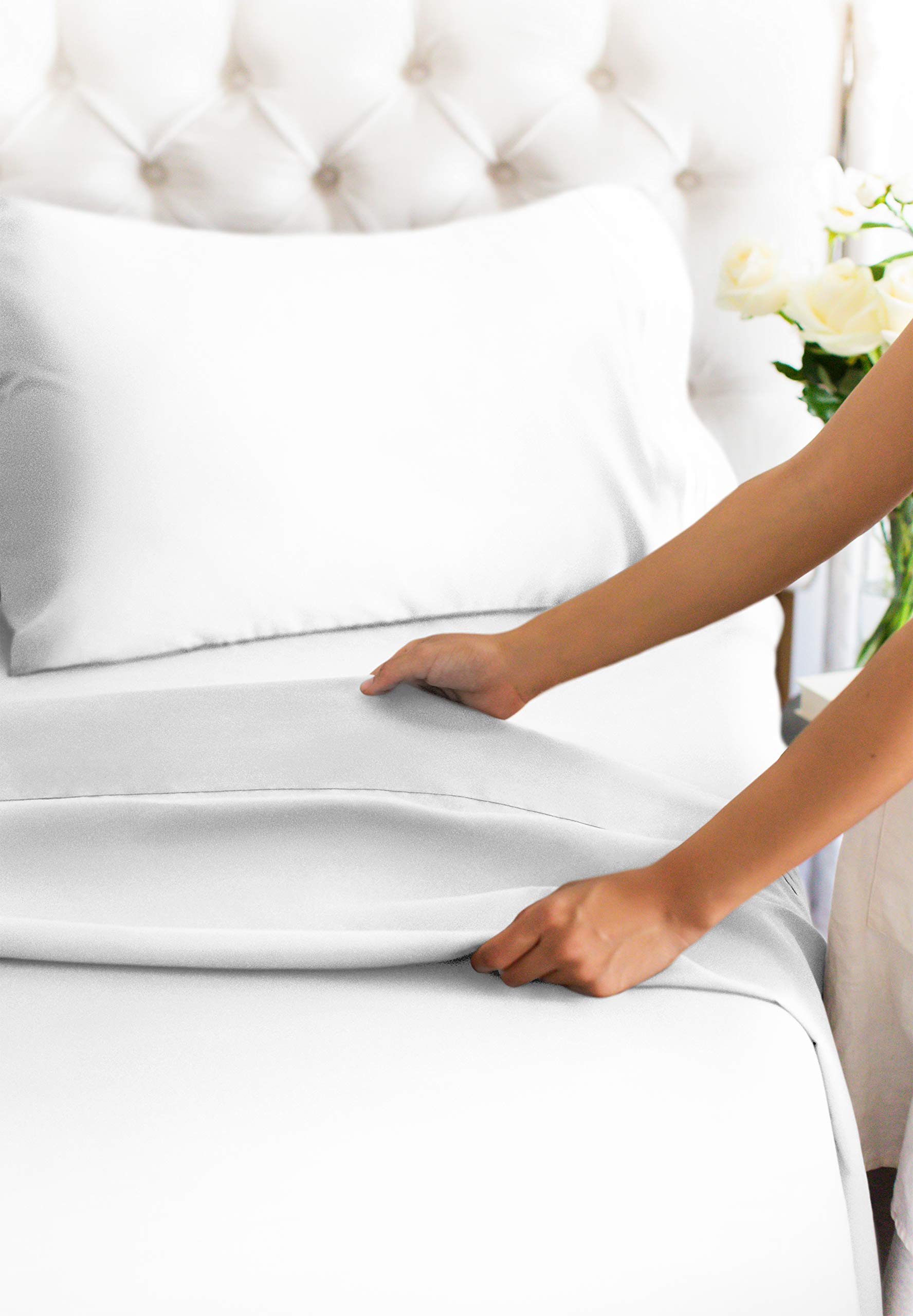 400 Thread Count 100% Cotton Queen Size Sheet Set - Extra Deep Pockets, Breathable & Cooling Luxury Bed Sheets - Ultra Soft, Wrinkle Free 4-Piece White Bedding for Hotel Comfort | Perfect for Hot Sleepers & Guest Room Upgrades