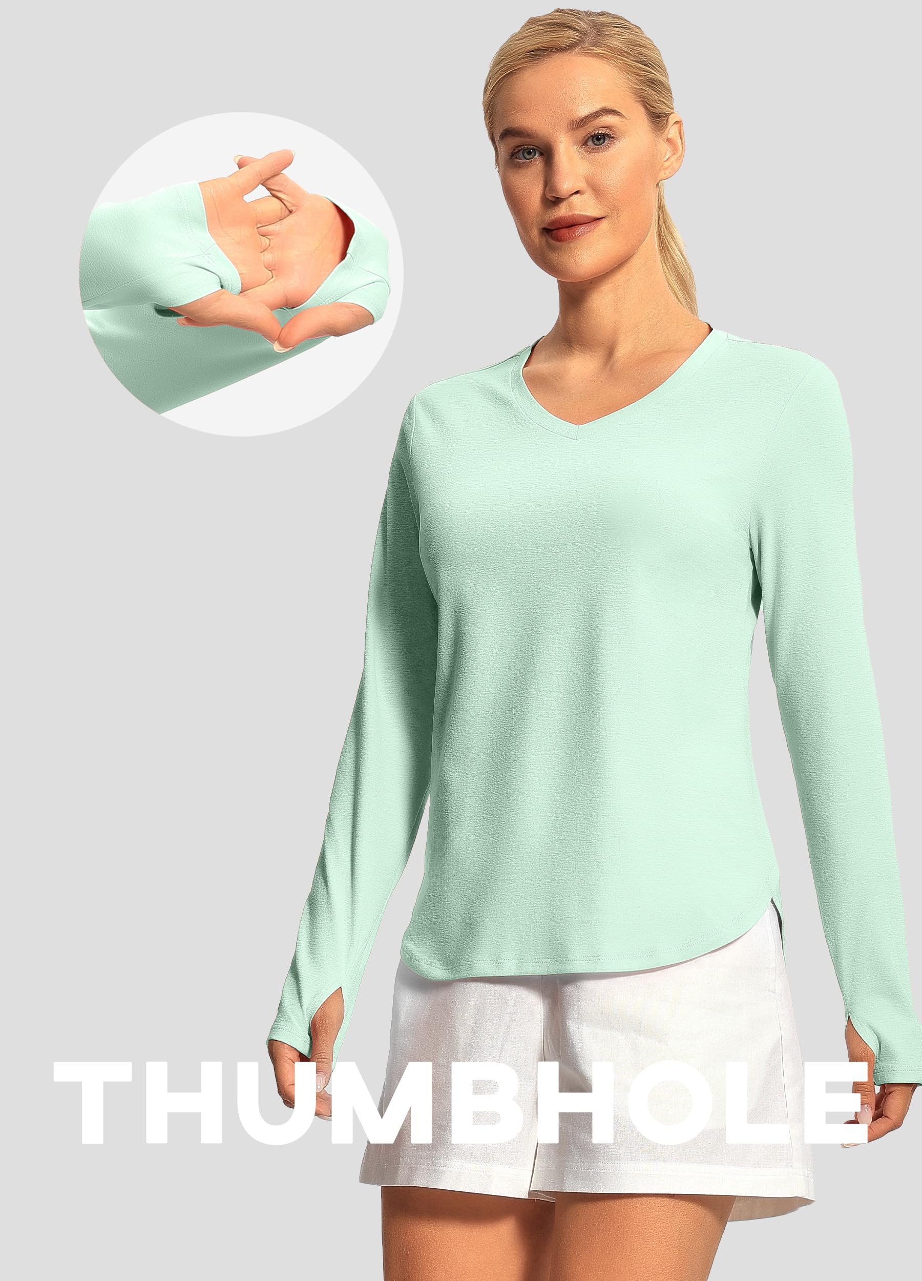 Hiverlay Women's Long Sleeve V-Neck Workout Shirts UPF 50+ Athletic Running Shirts with Thumbhole - Loose Fit Activewear for Gym, Yoga & Outdoor Sports