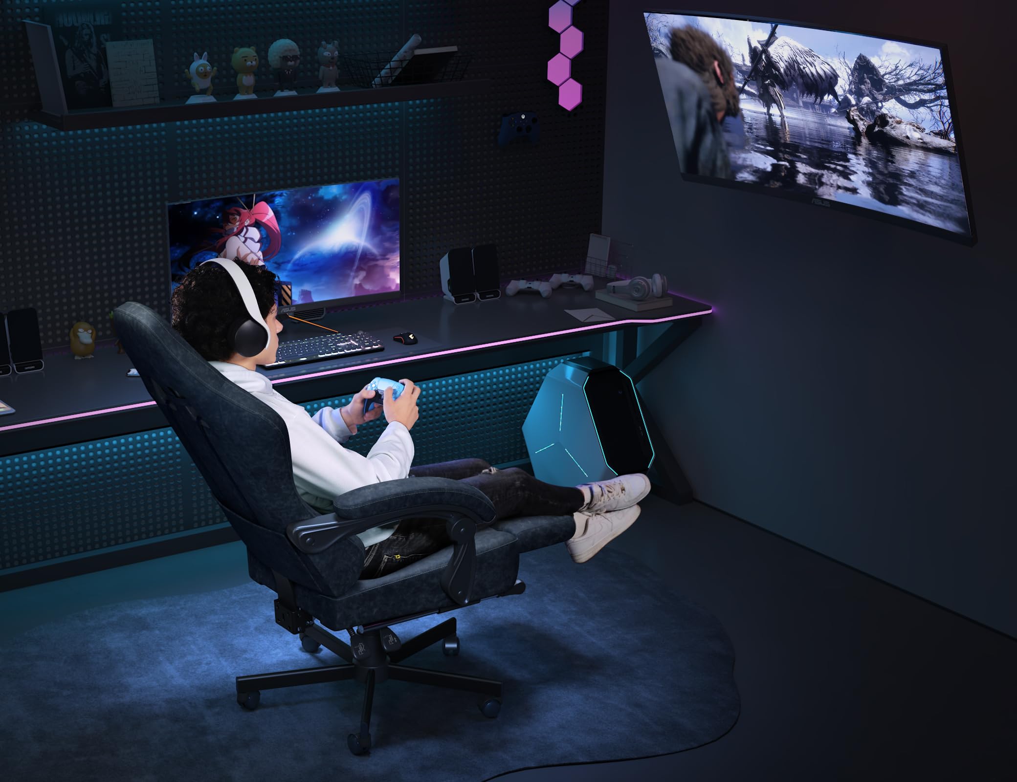 Breathable Leather Gaming Chair with Pocket Spring Cushion - Ergonomic Office & Computer Chair with Headrest & Footrest for Adults & Teens (Grey) - Perfect for Long Gaming Sessions, Home Office & Workstation Setup