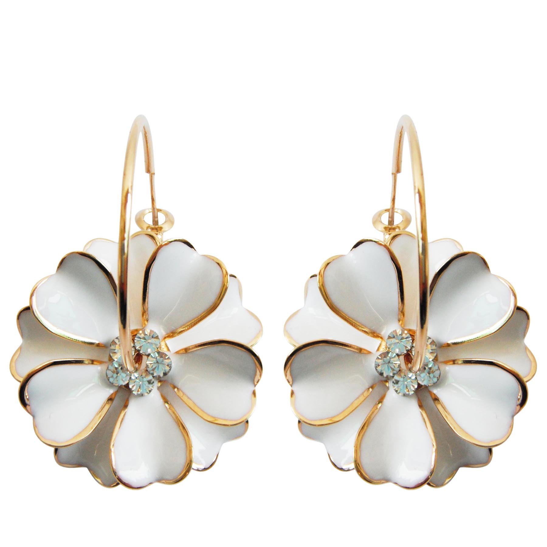 Navachi 18k Gold Plated Enamel Flower Crystal Hoop Earrings - 3cm Diameter | Elegant Dangle Earrings for Women | Perfect for Weddings, Parties & Everyday Wear
