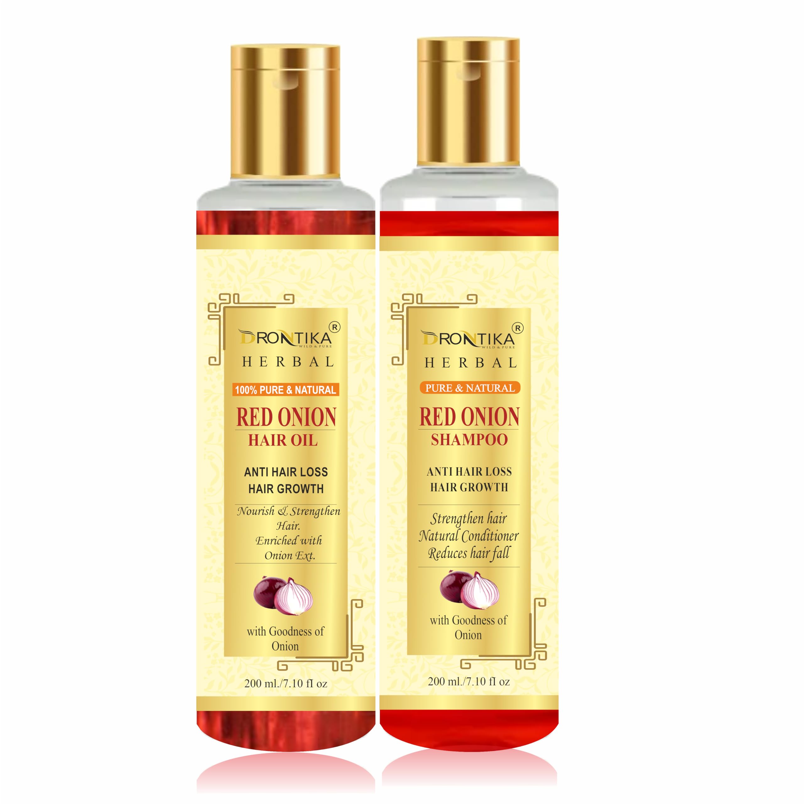 Drontika Natural Herbal Red Onion Oil & Shampoo Combo for Hair Growth - 2 in 1 Set for Thicker, Stronger Hair - Perfect for Damaged Hair Treatment & Scalp Care at Home