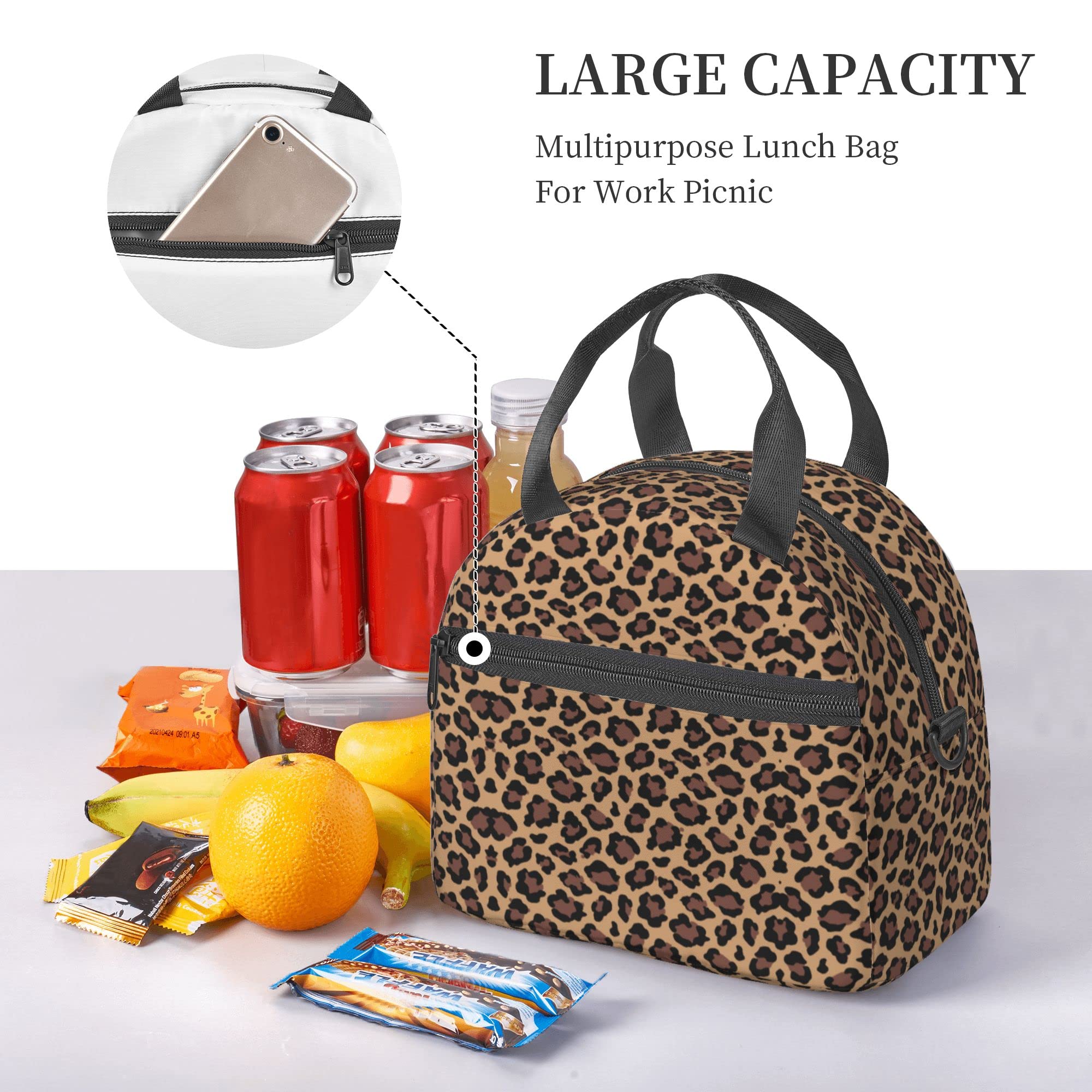 Leopard Print Insulated Lunch Bag - Reusable Cheetah Lunch Box for Kids & Adults, Leopard Cooler Tote with Shoulder Strap for School, Office, Picnic, Travel & Outdoor Activities