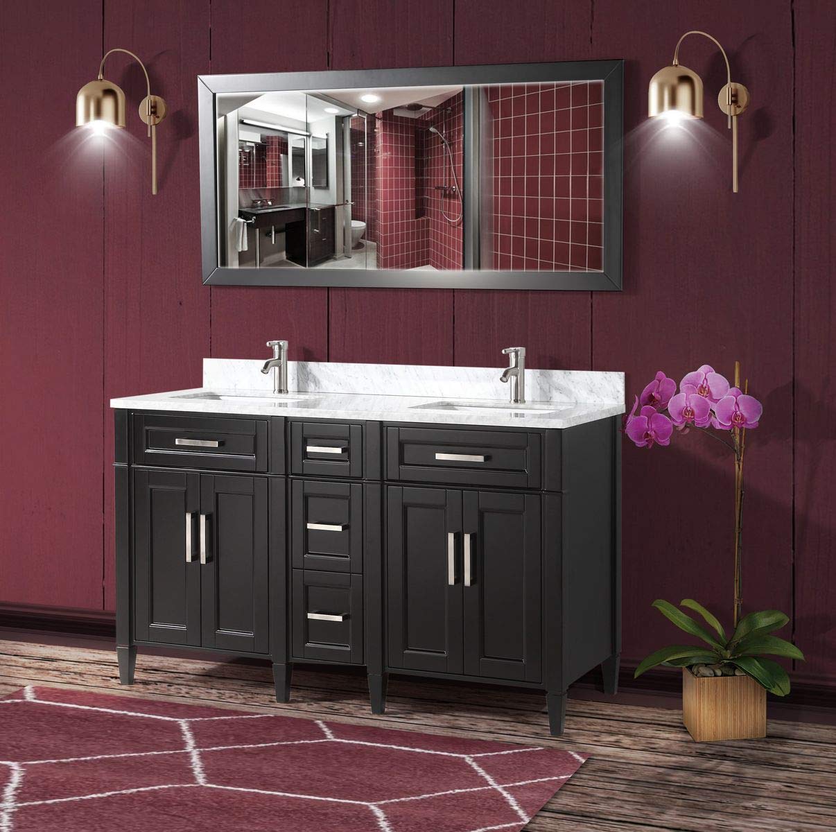 Vanity Art 60 Inch Double Sink Bathroom Vanity with Mirror | Carrara Marble Top Storage Cabinet with Dovetailed Drawers, Soft Closing Doors & Brushed Nickel Handles | Modern Bathroom Organizer for Master Bath, Guest Bath & Powder Room (VA2060-DE)