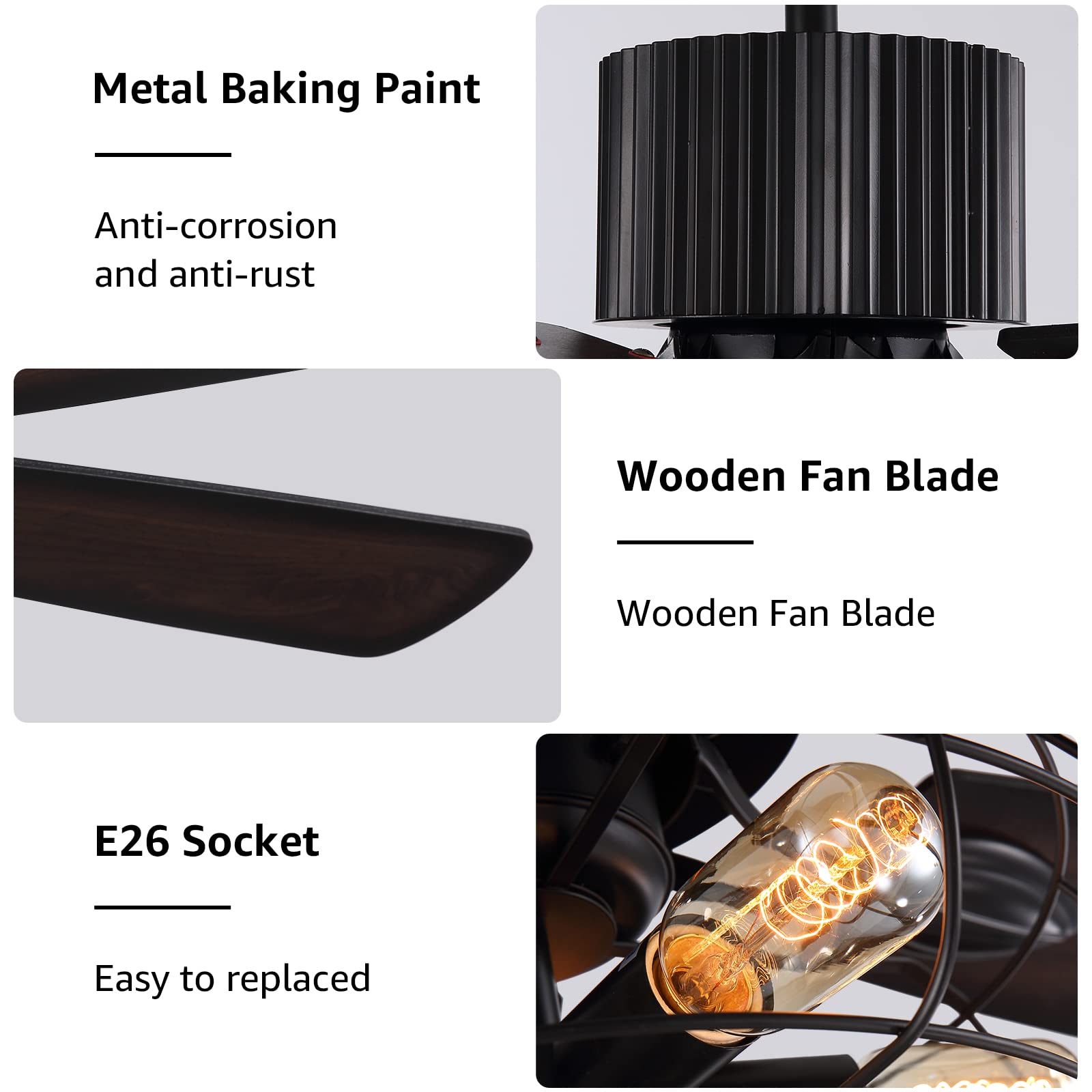 CROSSIO 52 Inch Farmhouse Ceiling Fan with Light Kit and Remote Control - Industrial Style Cage Ceiling Fan - 5 Reversible Wooden Blades - Rustic Black Finish - Perfect for Dining Room, Living Room, Bedroom, Porch and Patio
