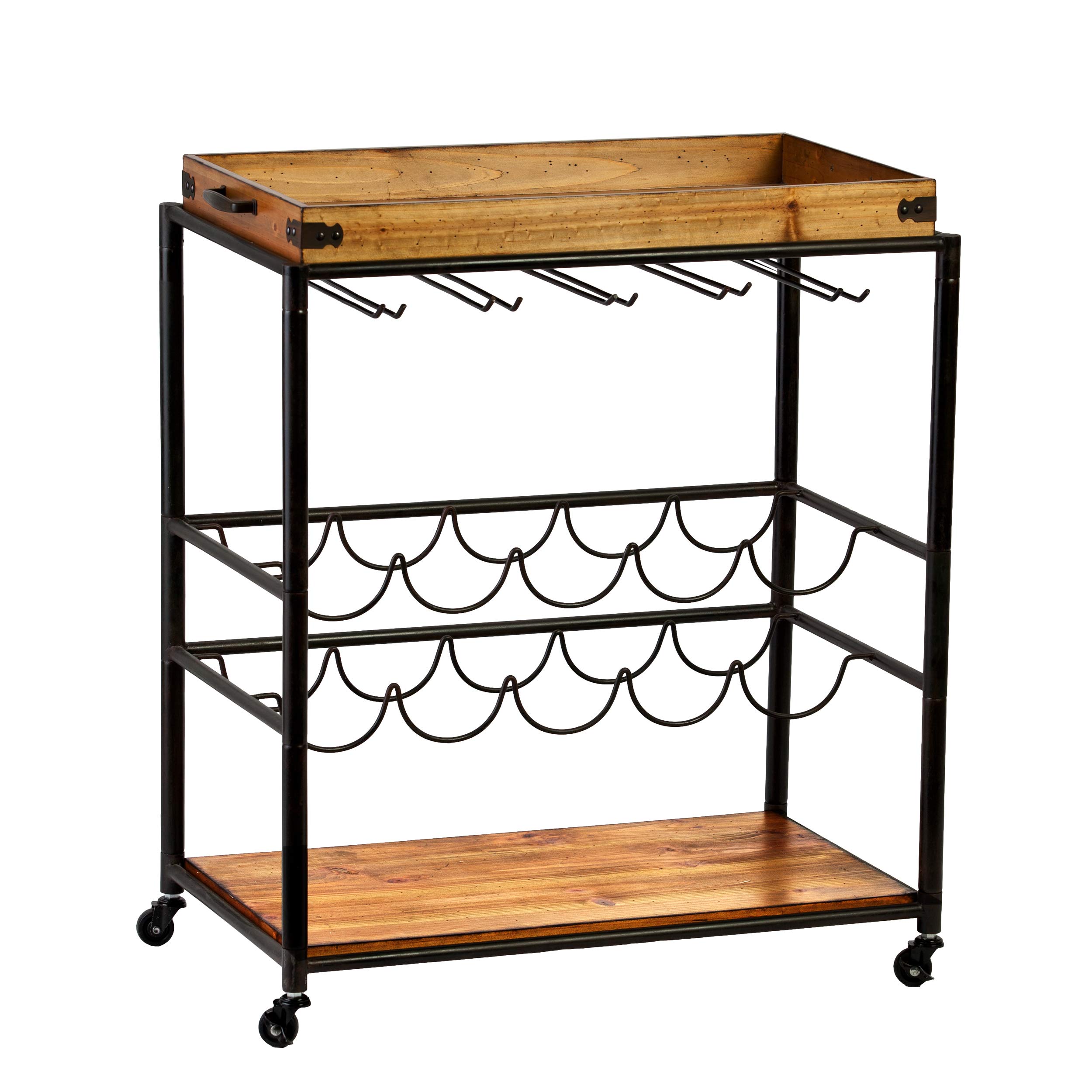 SEI Furniture Southern Enterprises Mayson Bar Cart - Black/Natural Wood Rolling Serving Cart for Home, Office & Outdoor Entertaining