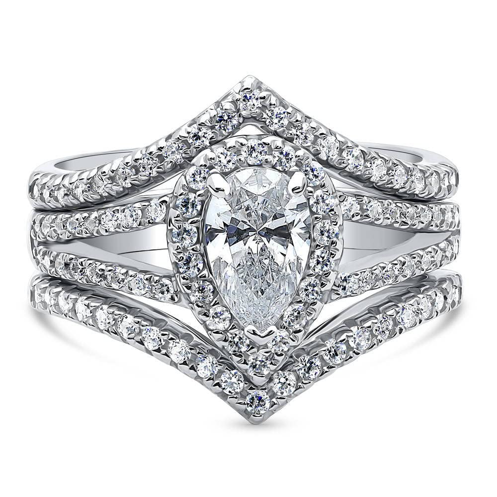 Sterling Silver Pear Cut Cubic Zirconia Halo Engagement Ring Set for Women - Rhodium Plated Wedding Band, Size 4-10 - Perfect for Proposals, Anniversaries & Bridal Jewelry Gifts