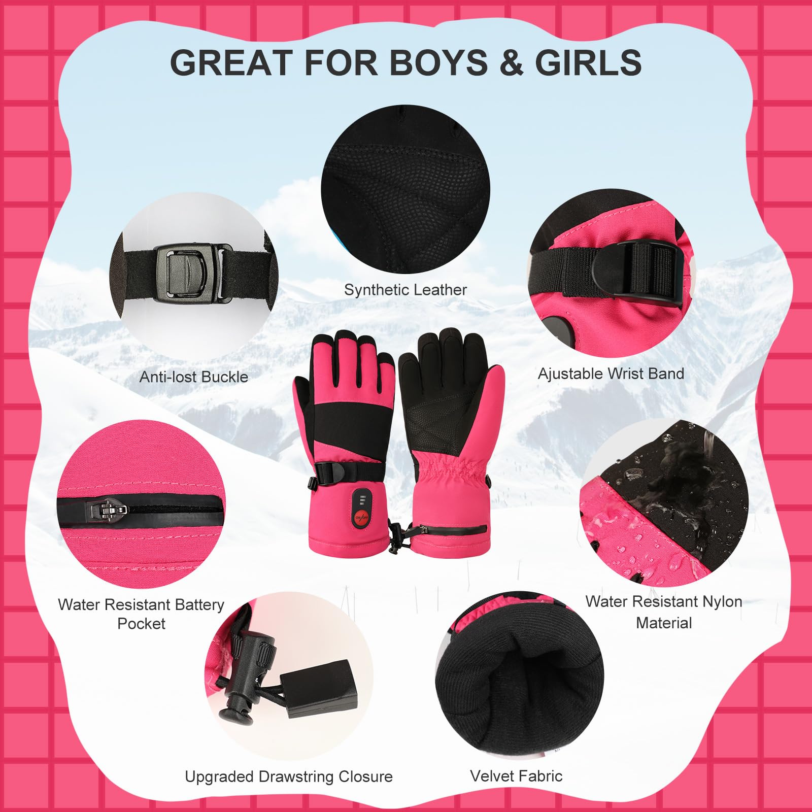 Heated Gloves for Kids - Rechargeable Battery, 3 Heat Settings, Waterproof & Windproof Winter Gloves with Non-Slip Grip | Perfect for Skiing, Snowboarding, Snowball Fights, Cycling & Outdoor Winter Activities | Great Christmas Gift for Boys & Girls