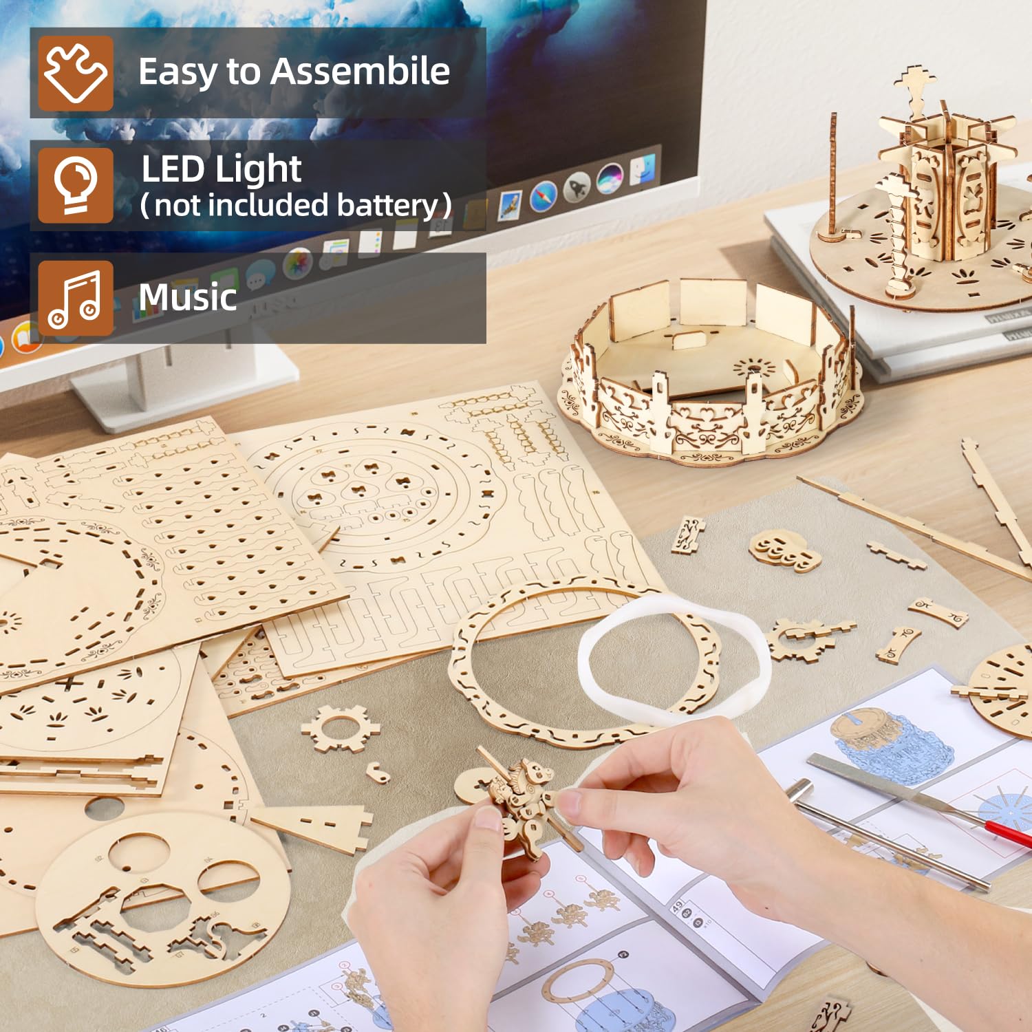 MIEBELY 3D Wooden Puzzle LED Carousel Music Box - DIY Craft Model Building Kit for Adults & Teens, Mechanical STEM Project, Christmas Gift for Kids Ages 8+, Desk Decor for Boys & Girls | Perfect for Home Decoration, Birthday Presents & Educational Activities