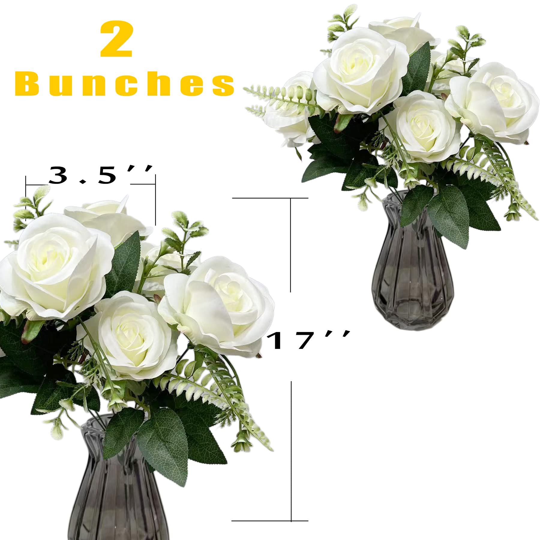 UKELER 2 Bunches Ivory White Artificial Silk Rose Flowers Bouquet - Elegant Home Decor for Wedding, Party, Festival & DIY Floral Arrangements