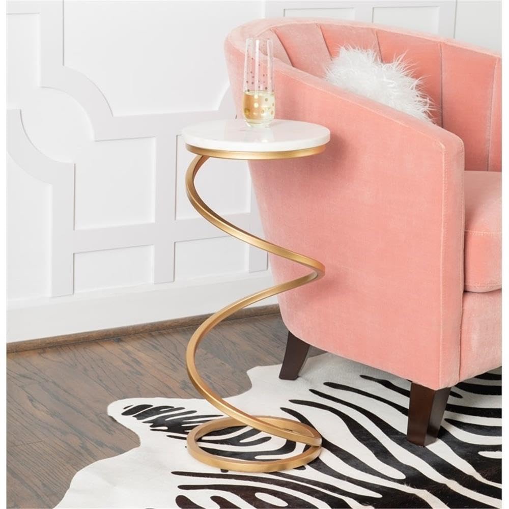 Modern Round Metal & Marble Side Table with Spiral Base - Gold/White Finish - Perfect for Living Room, Patio, or Office Decor