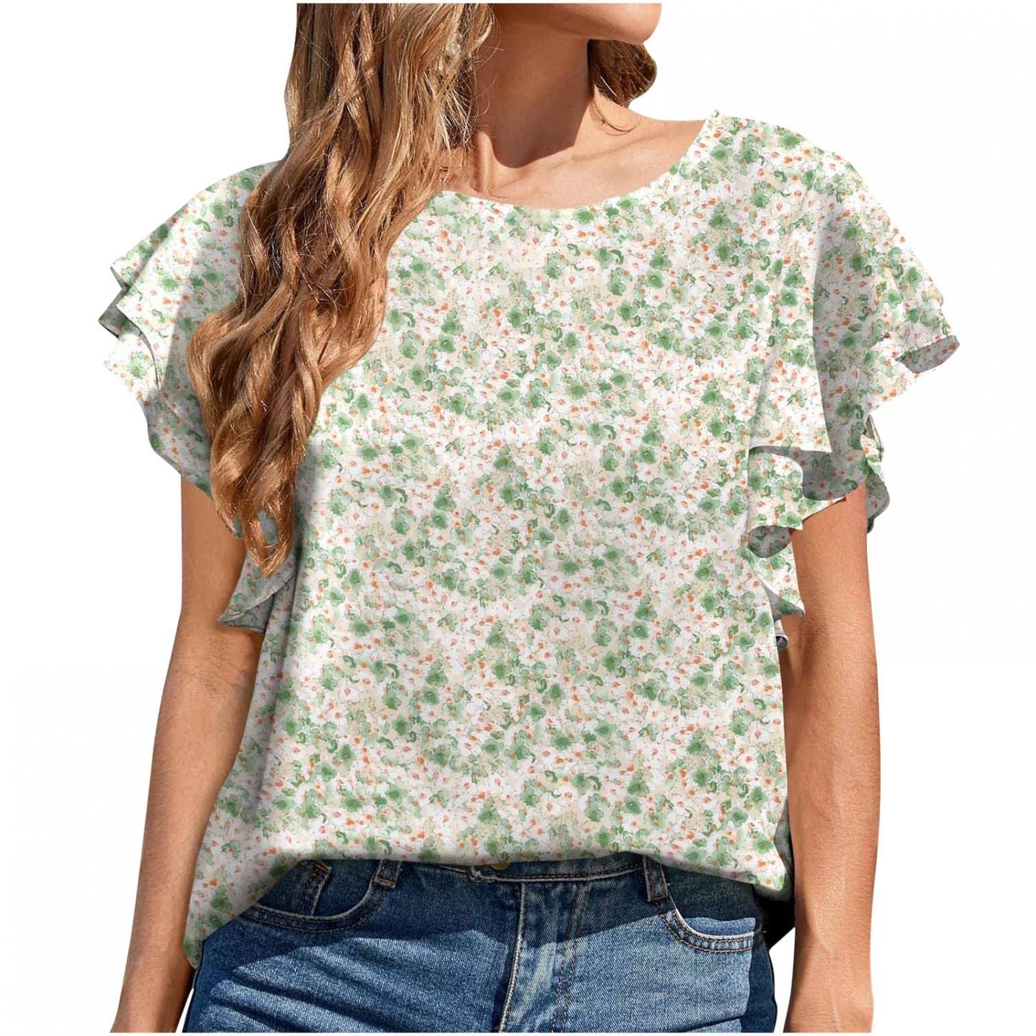 Women's Floral Printed Chiffon Ruffle Short Sleeve Blouse - Elegant Round Neck Casual Top for Summer Outfits, Date Nights & Office Wear