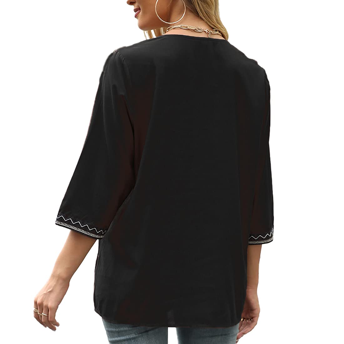 AK Women's Embroidered 3/4 Sleeve V-Neck Peasant Blouse - Traditional Mexican Tunic Top for Casual Wear & Festive Occasions