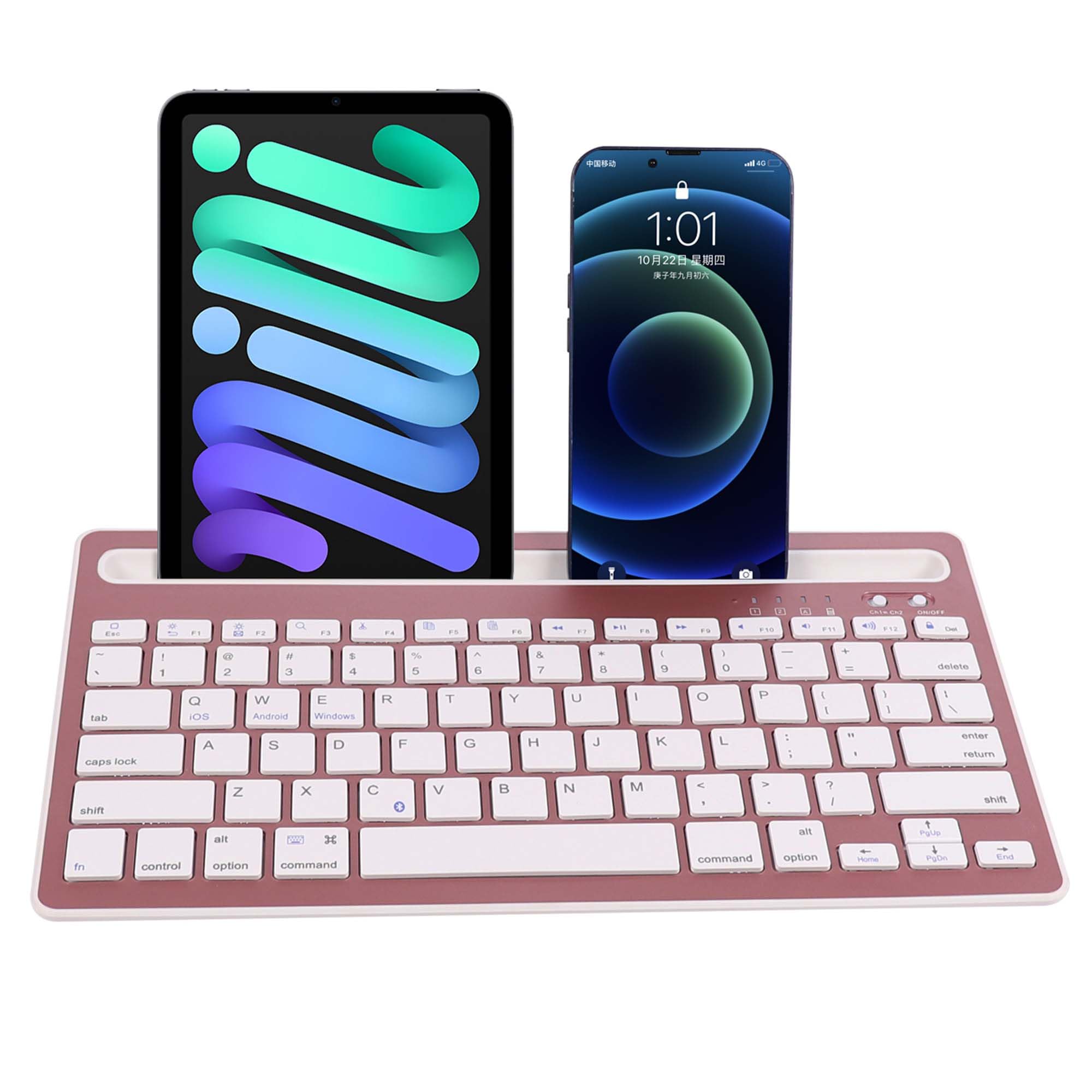 Multi-Device Bluetooth Keyboard - Wireless Rechargeable Keyboard for iPad, Tablet, Smartphone, MacBook (Android/iOS/Windows Compatible) with Stand Holder - Rose Pink | Perfect for Home Office, Travel & Remote Work