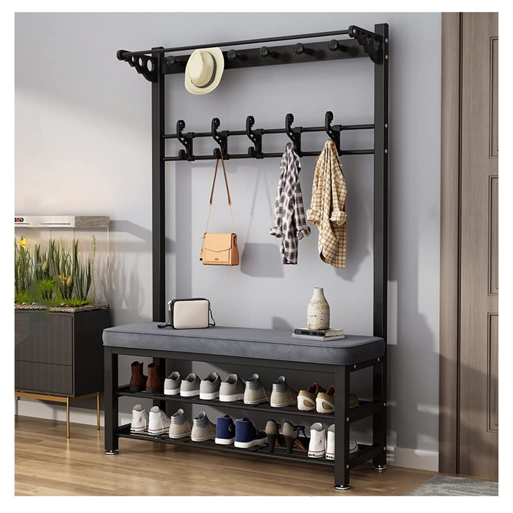 YAWEDA 4-in-1 Hall Tree Coat Rack with Shoe Storage Bench - 16 Hooks Entryway Organizer, Industrial Metal Frame Shoe Bench for Entryway, Mudroom & Foyer - Easy Assembly Home Furniture for Small Spaces